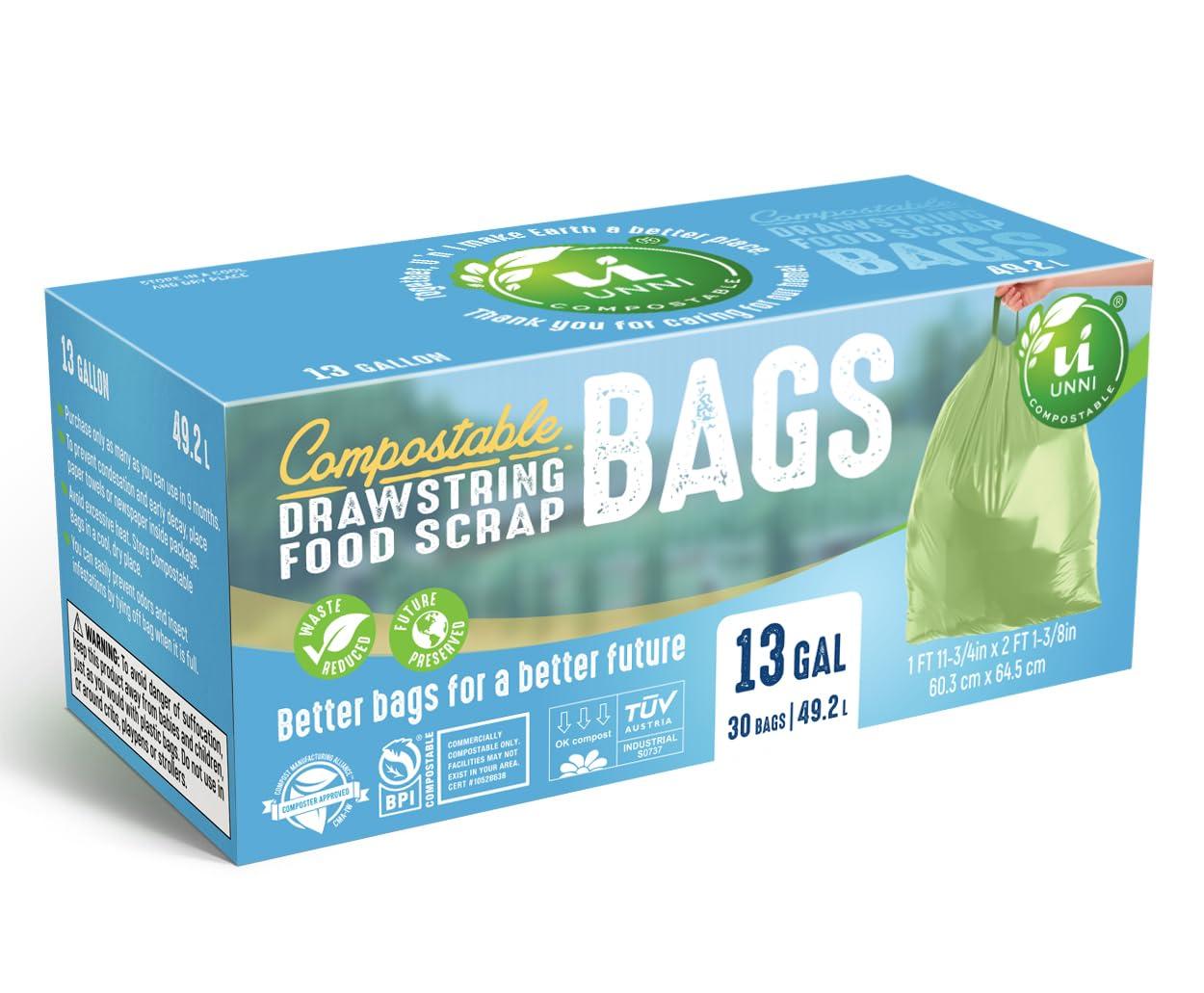 UNNI Compostable Drawstring Bags, 13 Gallon, 49.2 Liter, 30 Count, Heavy Duty 1 Mil, Tall Kitchen Food Scrap Waste Bags, ASTM D6400, US BPI, CMA & Europe OK compost Certified, San Francisco - Image 6