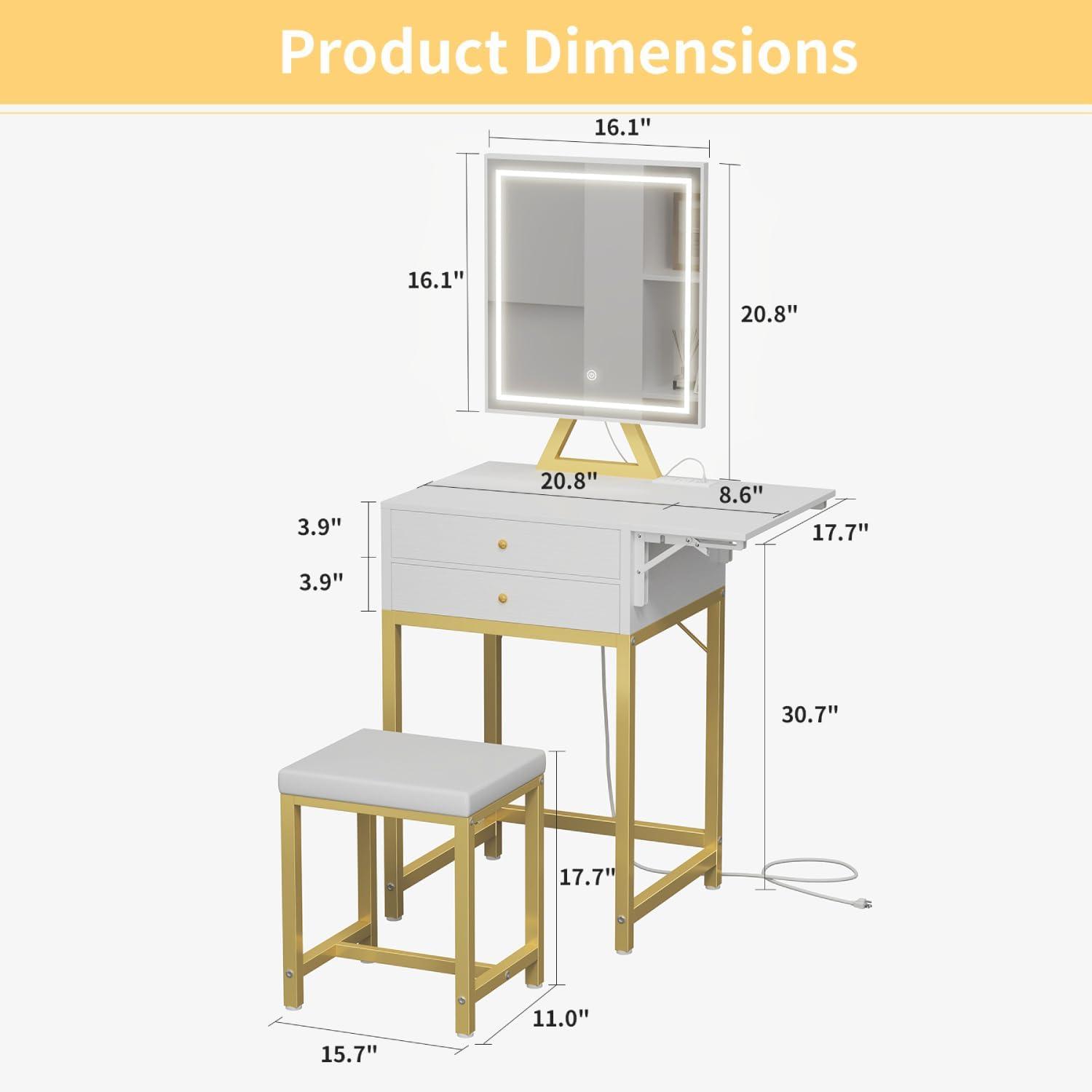 KAI-ROAD Small Makeup Vanity Desk with Lights - White Girls Vanity Set with Mirror and Chair, Make Up Dresser Table with Drawers and Power Outlet for Bedroom Small Space, Gold - Image 2