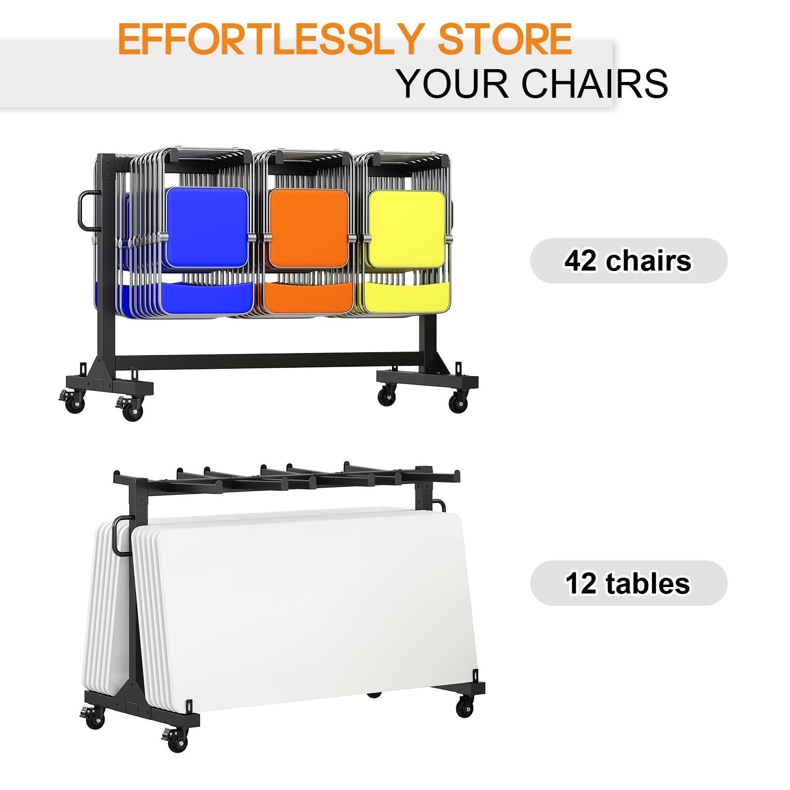 Specraft Folding Chair Rack and Table Cart for 12 Tables or 42 Chairs, 550 lbs Capacity, PU Wheels, Dust Cover, Elastic Cords, Black - Image 4