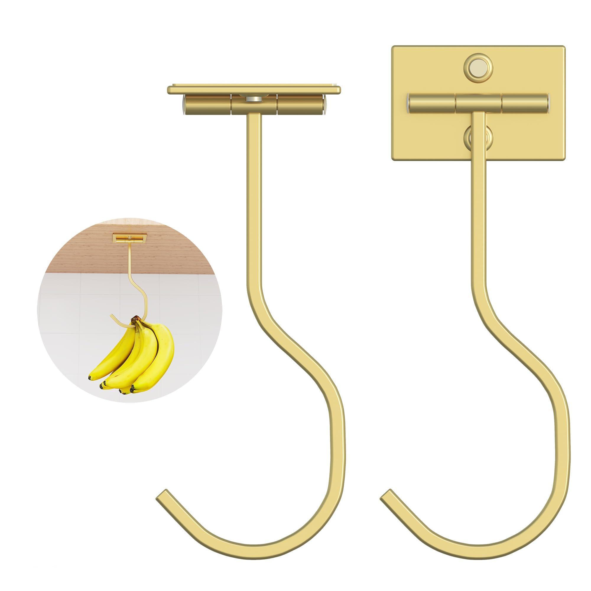 2-Pack Self Adhesive Banana Hook, Metal Banana Hanger Hook,Under Cabinet Hook For Bananas Or Other Kitchen Items, Foldable Banana Hook, Folds Up With Magnets When Not In Use, Keep Bananas Fresh,Gold