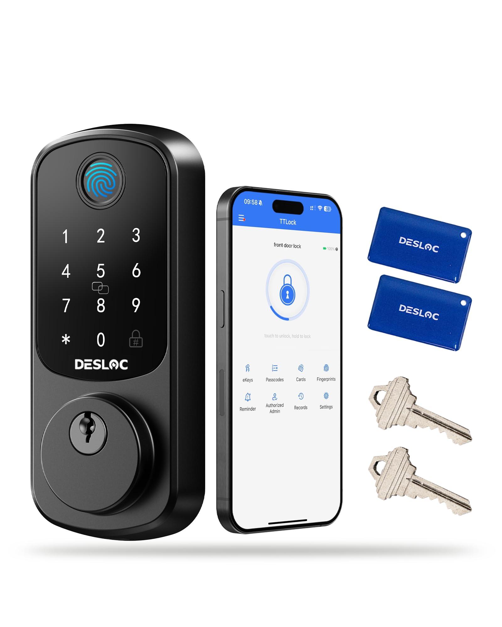 DESLOC B200 Fingerprint Smart Door Lock, Keyless Entry Door Lock, App Control, Smart Locks for Front Door, Smart Deadbolt Lock, Touchscreen Keypad, Emergency Power Port, 12 Months Battery, IP54