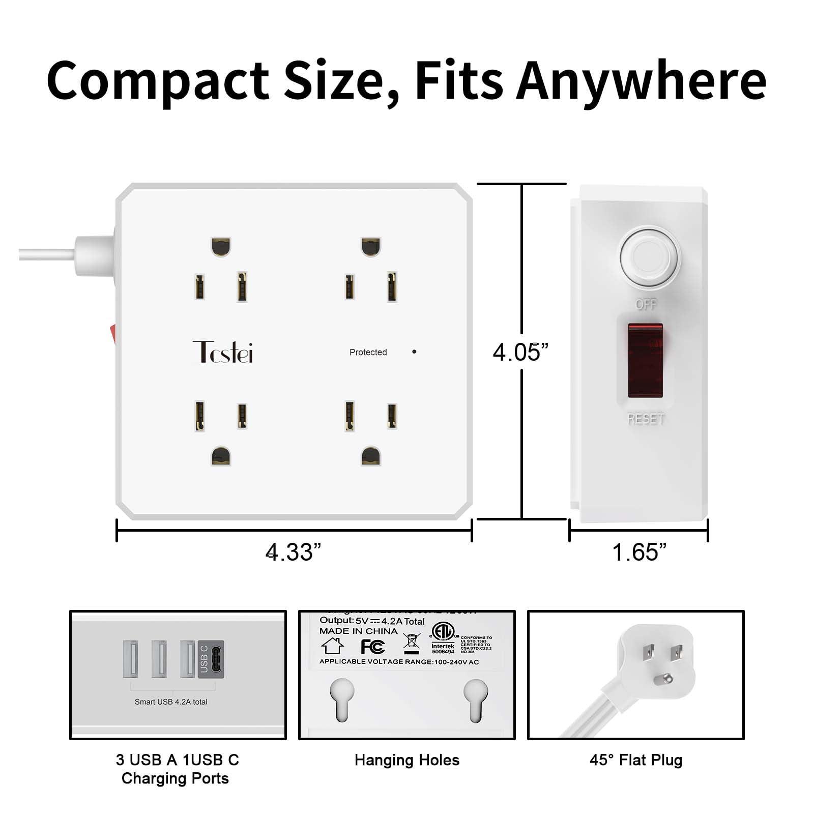 6 Ft Flat Extension Cord, Tcstei Ultra-Thin Flat Plug Surge Protector Power Strip, 3-Sided Outlet Extender, 8 AC Outlets and 4 USB Ports(1 USB C) for Home, Office, Dorm Room Essentials, ETL, White - Image 7