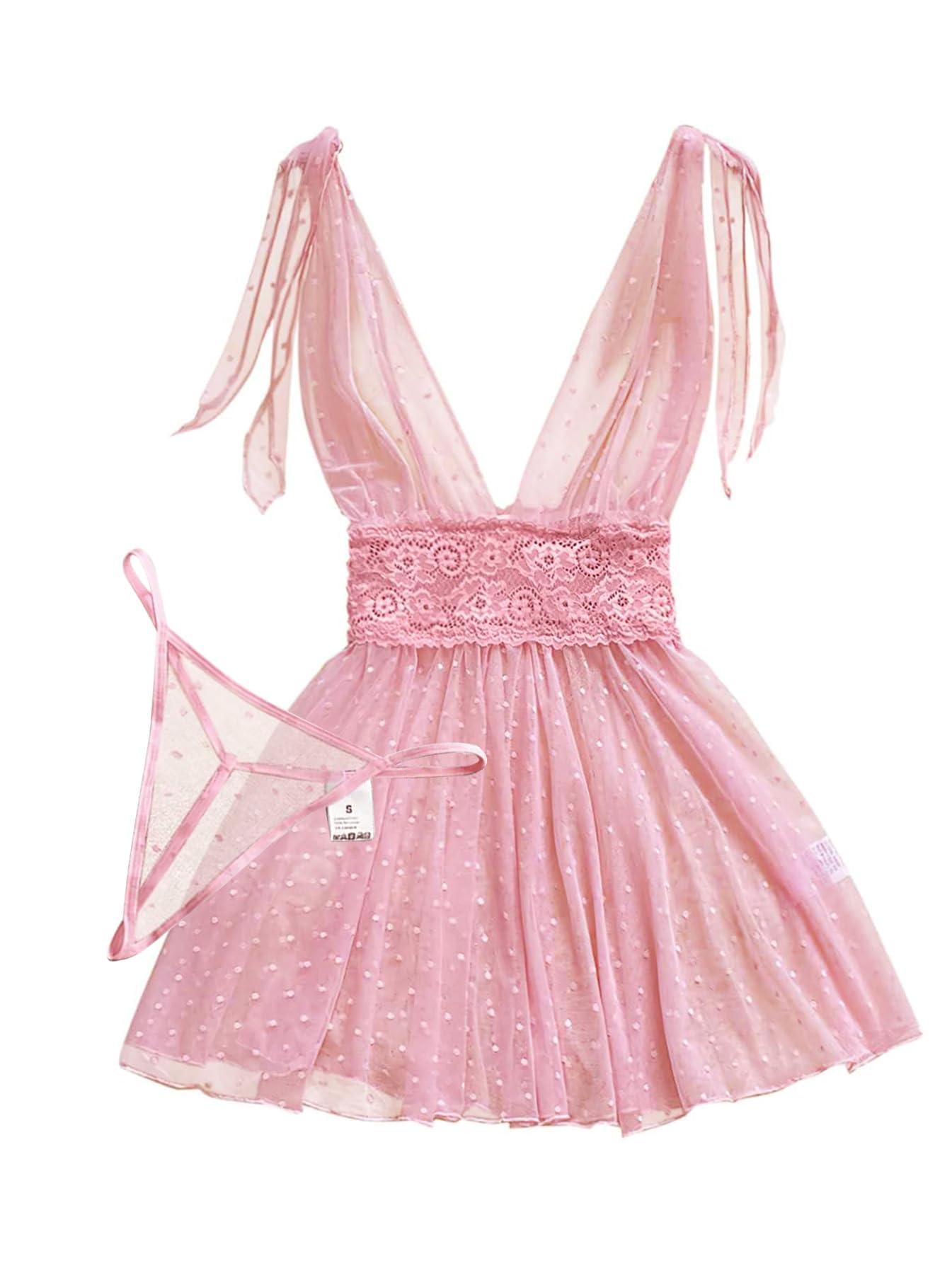 Lilosy Sexy Polka Dots Mesh Sheer Lace Babydoll Chemise Lingerie Set Floral Lace Sleep Wear
