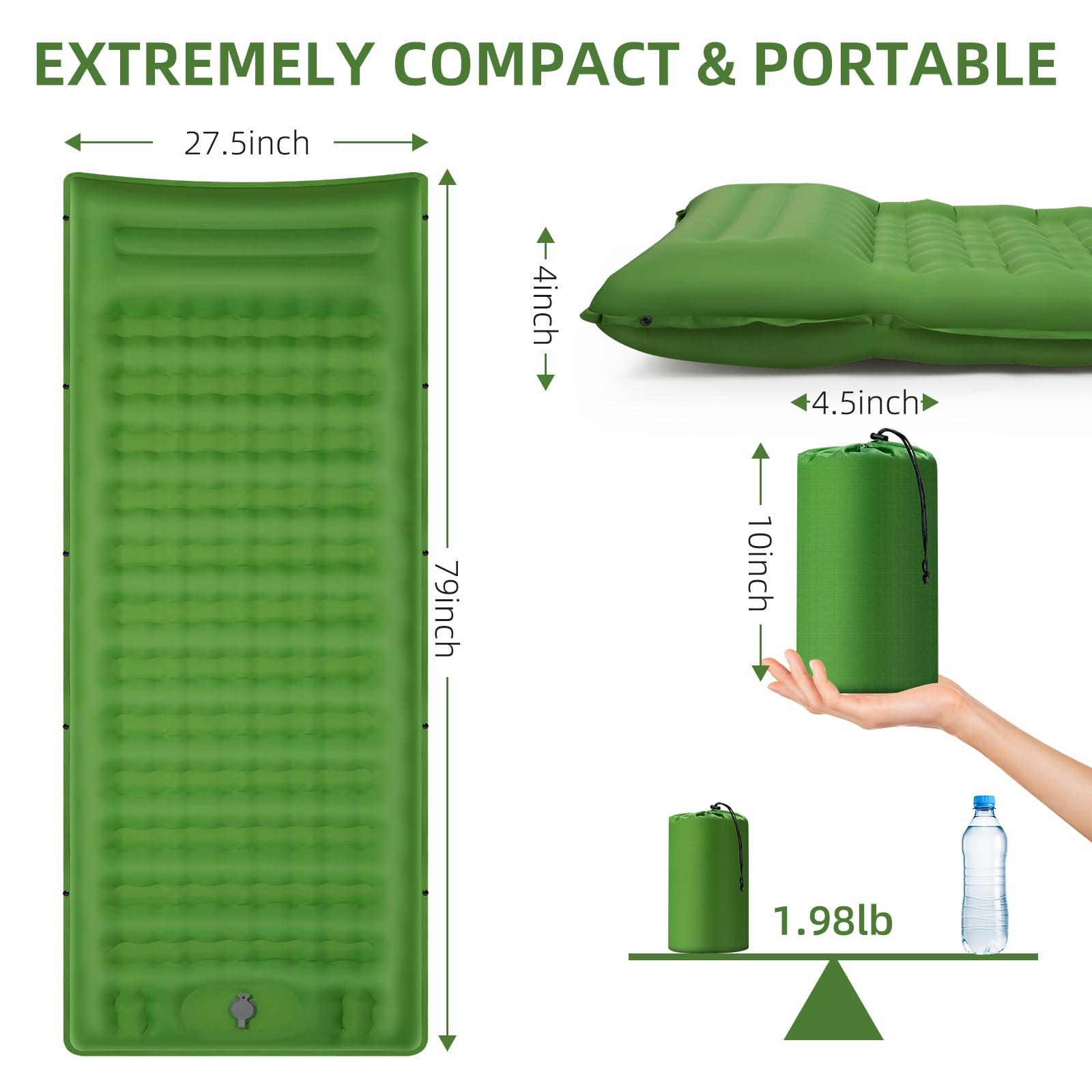 FNARMW Camping Sleeping Pad, Extra Thick 5 Inch Camping Mat with Pillow Built-in Foot Pump Inflatable Sleeping Pads Compact for Camping Backpacking Hiking Traveling Tent（Green） - Image 2
