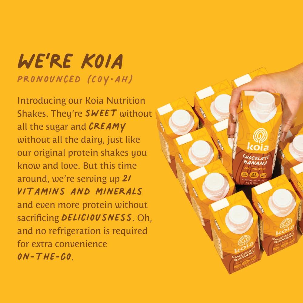 Koia Plant Based Protein Shake, Chocolate Banana, 20g Protein, 5g Sugar, 6g Prebiotic Fiber, 21 Vitamins & Minerals, Meal Replacement Drinks, Dairy-Free, Gluten-Free, Non-GMO, 11 Fl Oz (Pack of 12) - Image 6