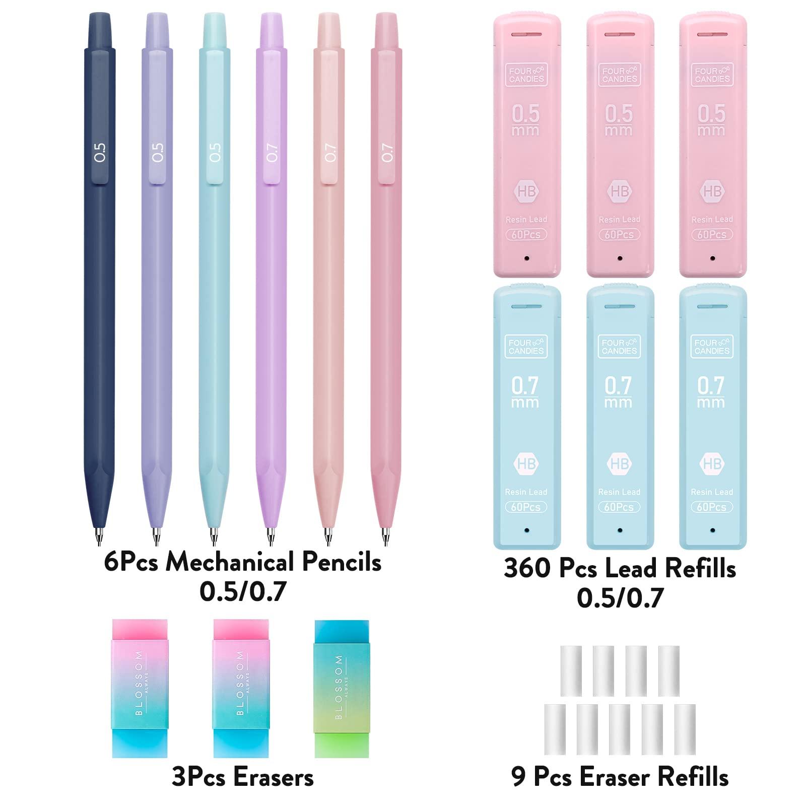 Four Candies Cute Mechanical Pencil Set, 6PCS 0.5 & 0.7mm Pencils with 360PCS HB Leads, 3PCS Erasers and 9PCS Eraser Refills, Aesthetic Back to School Supplies for Girls Writing, Drawing - Image 6