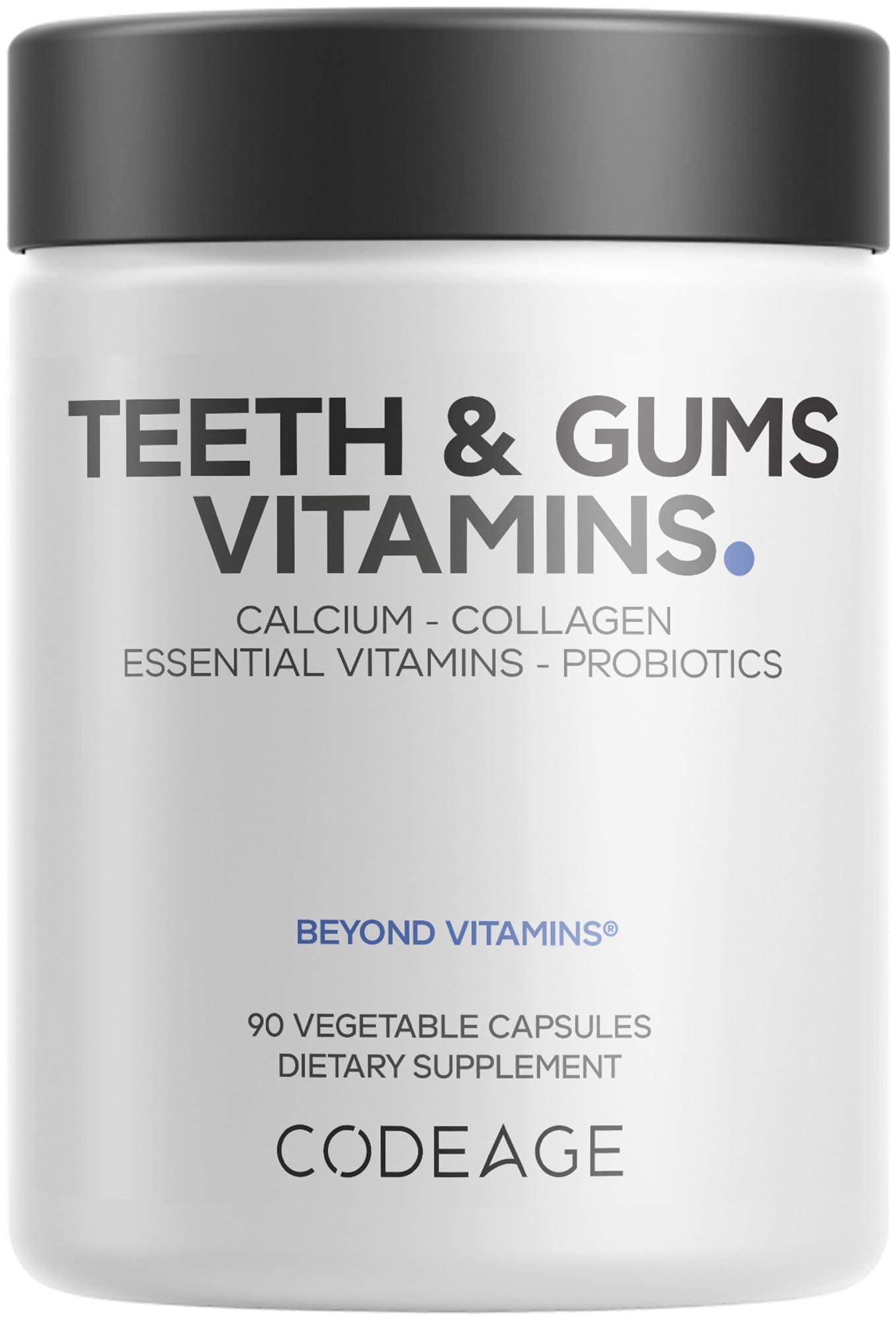 Codeage Teeth & Gums Vitamins + Oral Probiotics Supplement for Mouth - Whole Food Calcium, Collagen, Potassium, Vitamin C, D3, K2, Zinc – Oral Care & Dental Multivitamin Supplements - 90 Capsules