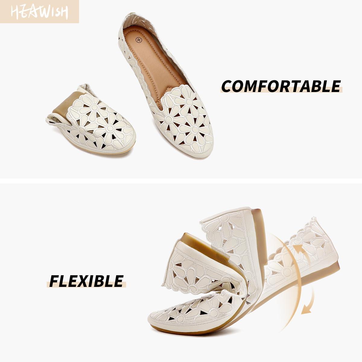 HEAWISH Women's Floral Ballet Flats for Women Black Beige Slip On Flowers PU Leather Round Toe Dress Shoes - Image 3