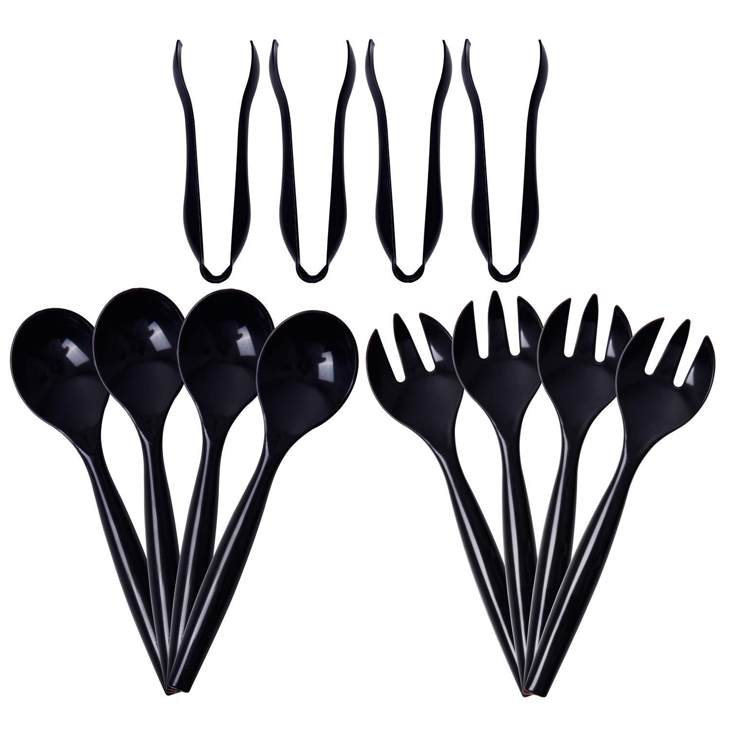Supernal 72pcs Plastic Serving Utensils Heavy Duty Disposable Serving Tongs Black Disposable Serving Set 10" Spoons 10" Forks 6" Tongs Each 24pcs