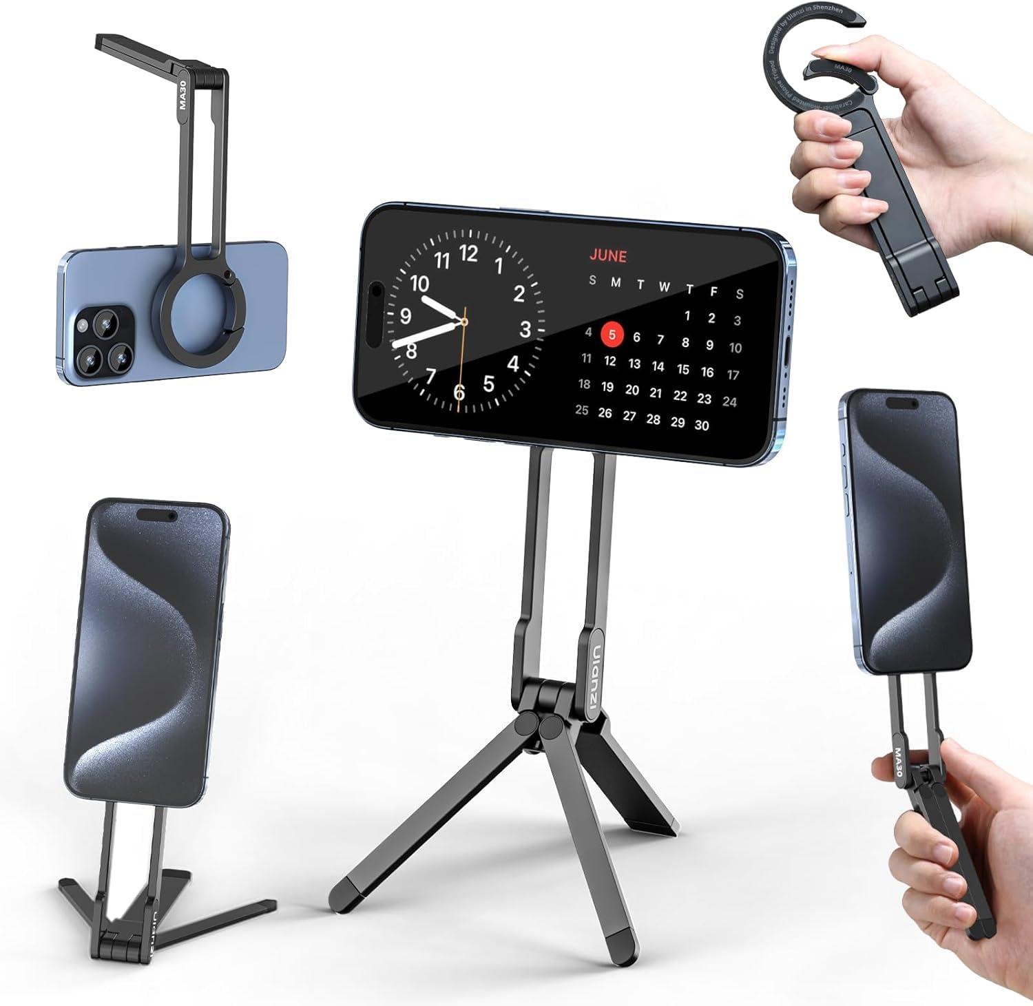 ULANZI MA30 Magnetic Phone Tripod Stand for iPhone - Aluminium Maglock Smartphone Mini Tripod Pocket Cell Phone Stand Strong Magnet Quick Mount Compatible with iPhone 16 15 14 13 12 Series, Black
