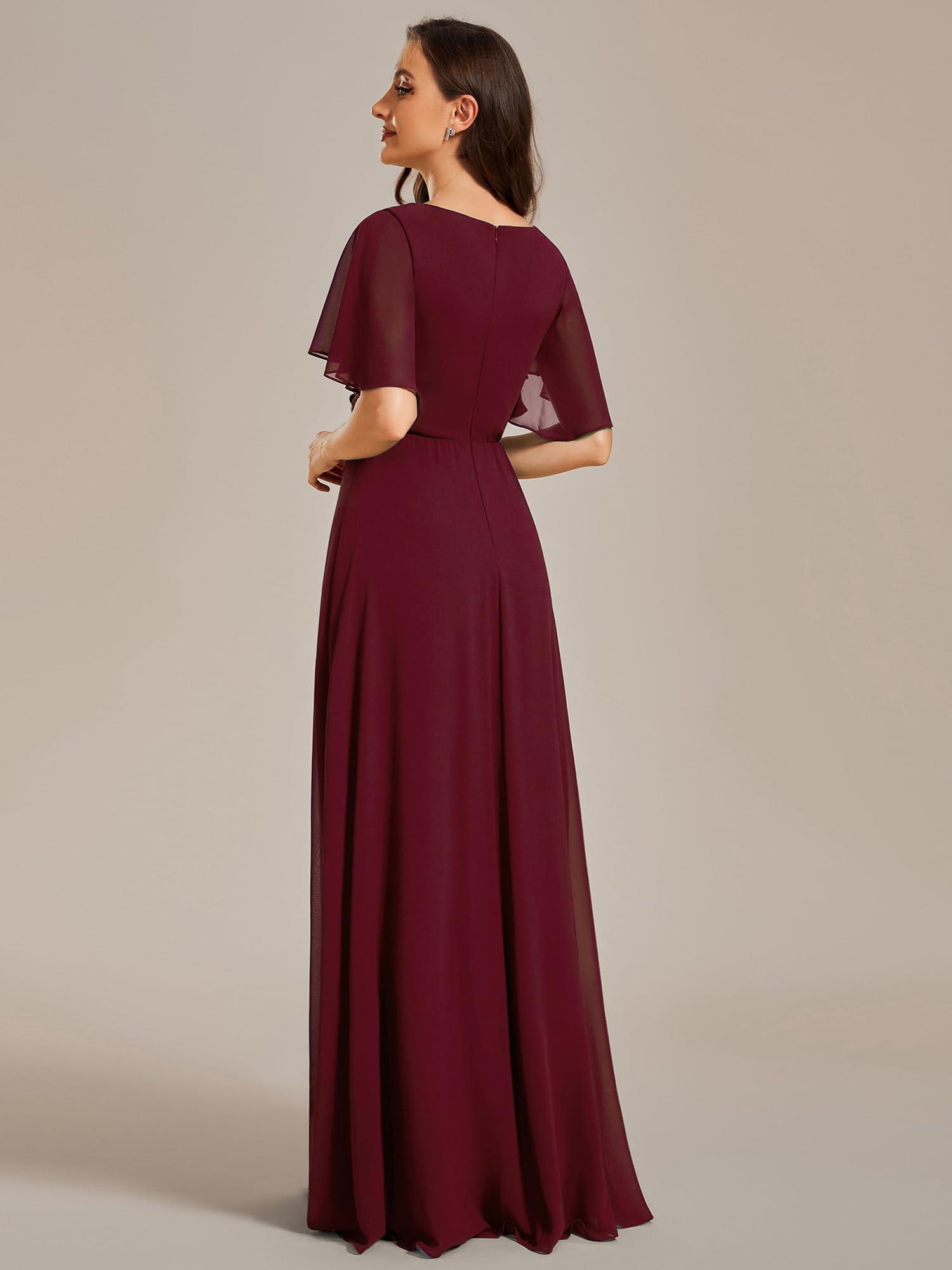 Ever-Pretty Women's Chiffon A-Line Ruched Short Sleeves Applique Waist V Neck Formal Dresses and Evening Gowns - Image 2