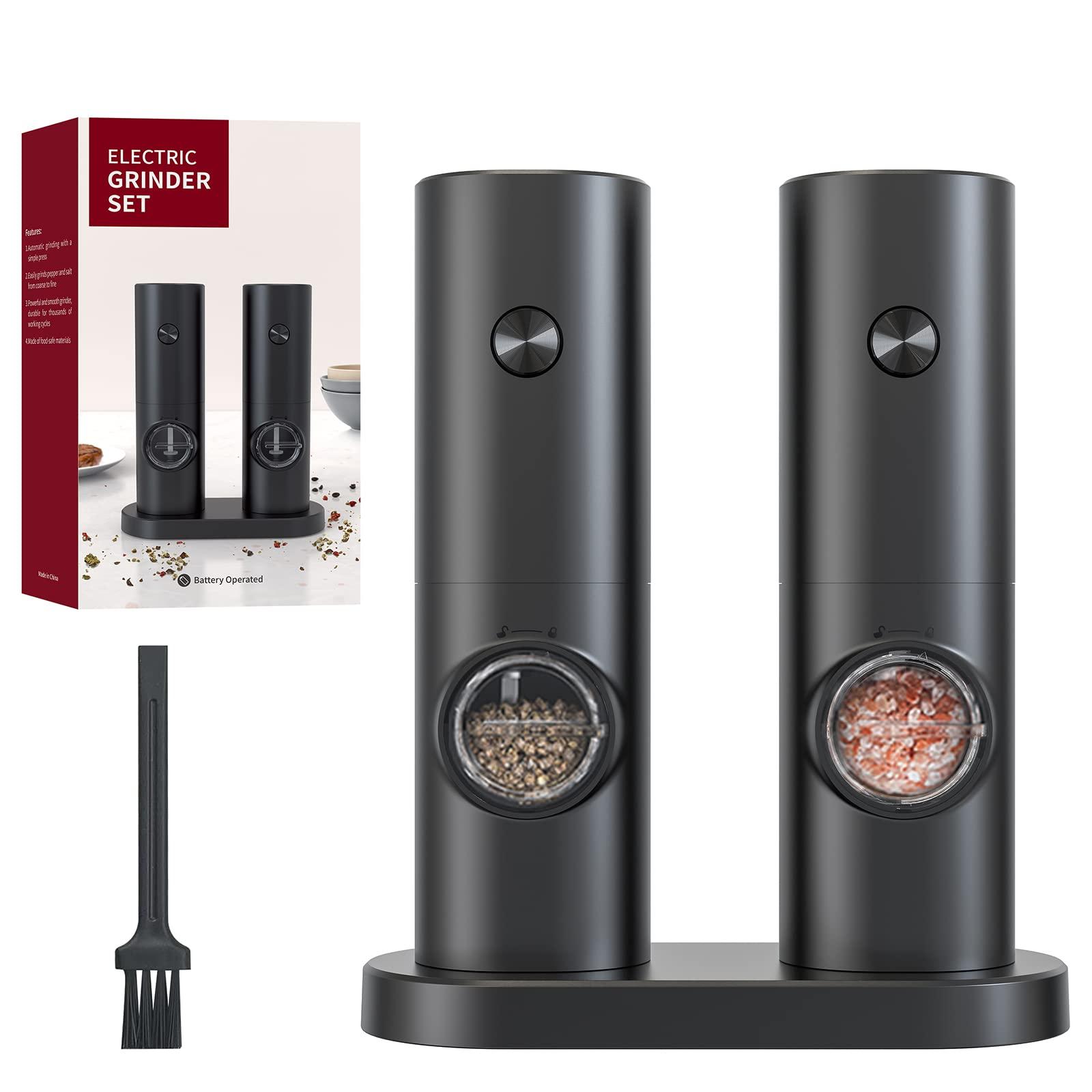 KIEKRO Electric Salt and Pepper Grinder Set (Storage Base), Battery Powered with LED Light, Adjustable Coarseness, One-hand One-button Start, ABS material, A Good Helper in the Kitchen, Black