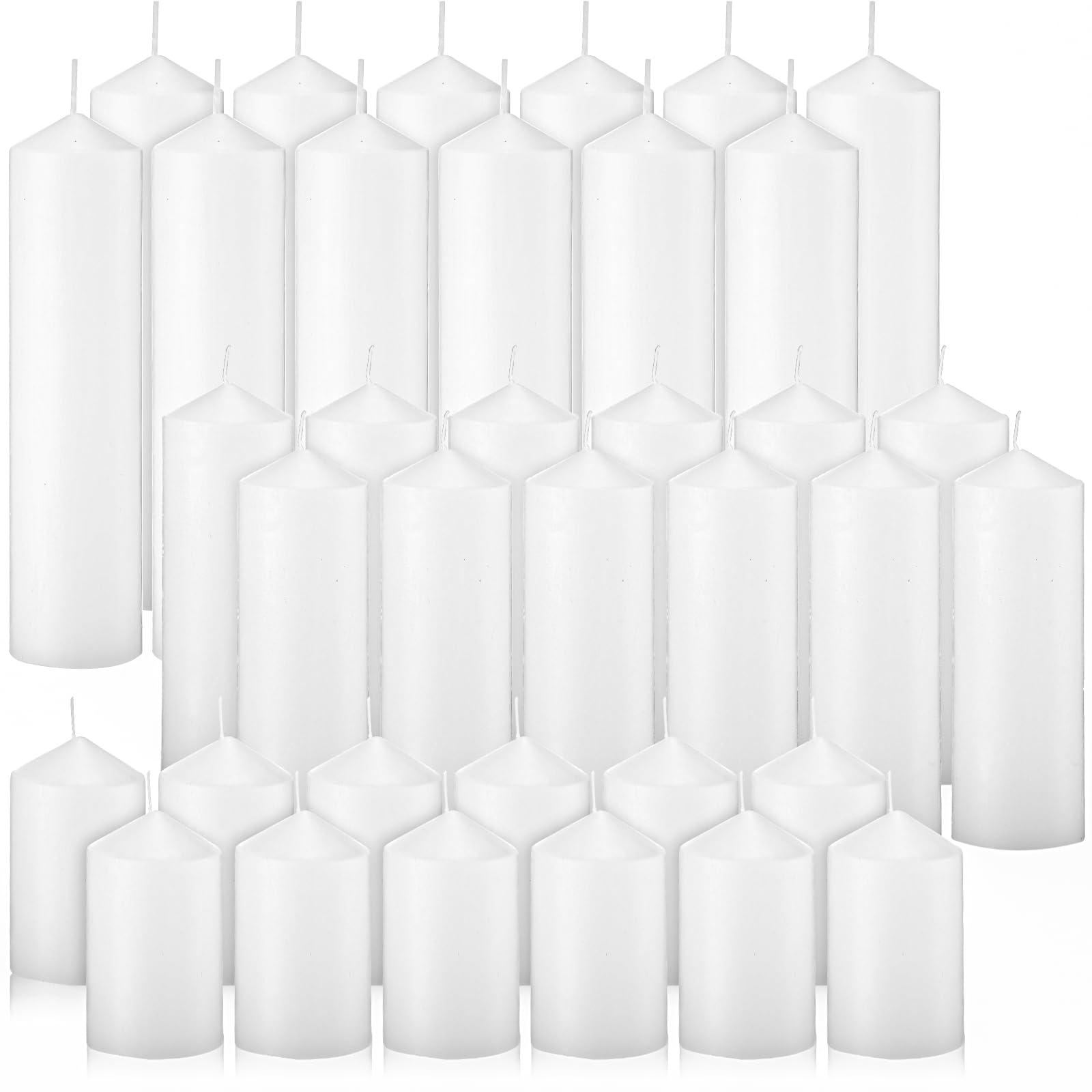 MTLEE 36 Pcs Pillar Candles Bulk Set of 3 Long Burning Wax Pillar Candles 2 in x 3, 6, 8 Inch Dripless Unscented Smokeless for Wedding Party Spa Lantern Fireplace Home(White)