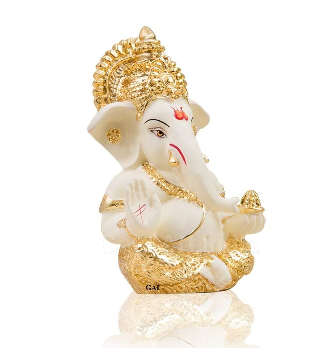 Gold Art India Gold and Silver Ganesh Idol for Car Dashboard Ganesha Murti Ganpati Idol for Home Decor Puja Lord Ganesh Statue Gift for Office Desk Puja Room Figurine (Gold and Cream) - Image 3