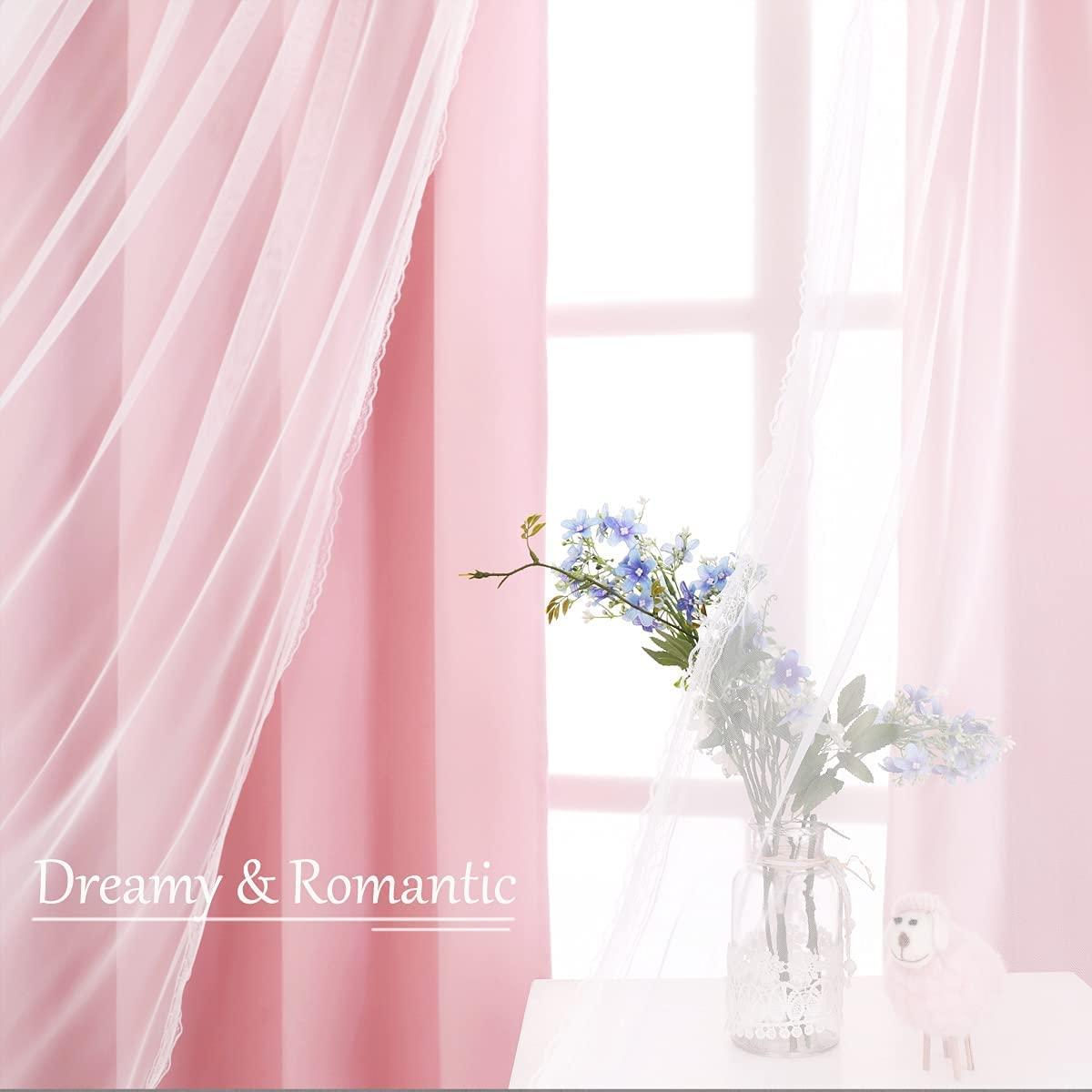 SOFJAGETQ Double Layered Blackout Pink Curtains 2 Panels - Princess Draperies for Girl's Bedroom Living Room Nursery Pink Lace Hem Room Darkening Curtains, 52x84 inches - Image 6