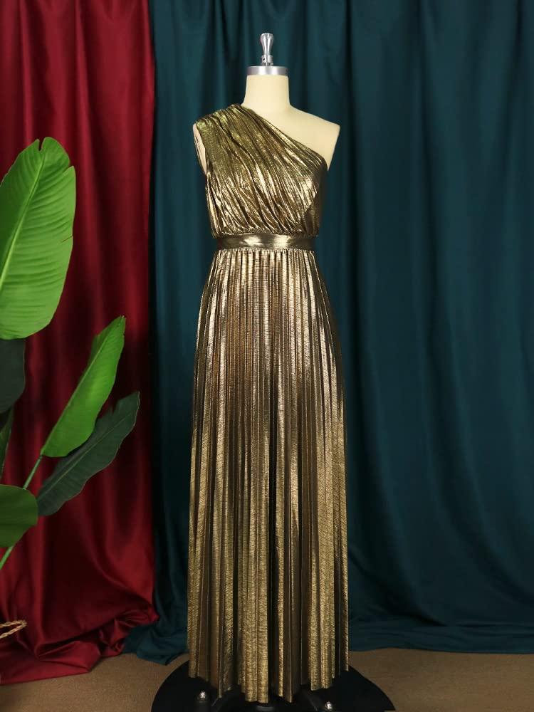 AOMEI Women's Luxury Metallic One Shoulder Sleeveless Elegant Pleated Long Dress - Image 3
