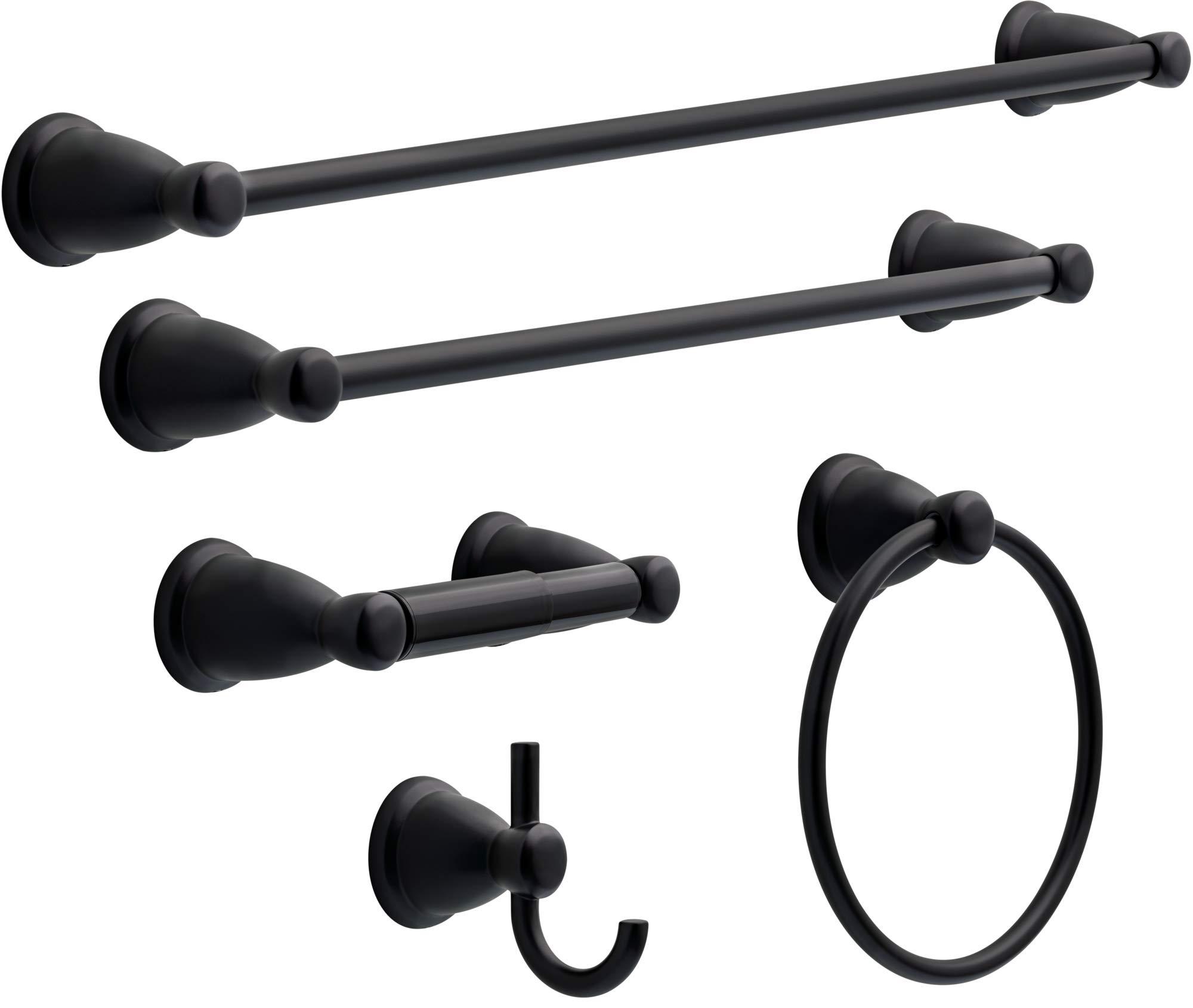 Franklin Brass Kinla (5-Pack) Bathroom Set Matte Black 18" and 24" Towel Bar Racks,Toilet Paper Holder, Hand Towel Holder, Hook | Bathroom Accessory Set Towel Holder 5-Piece Hardware Set KIN5PC-MB