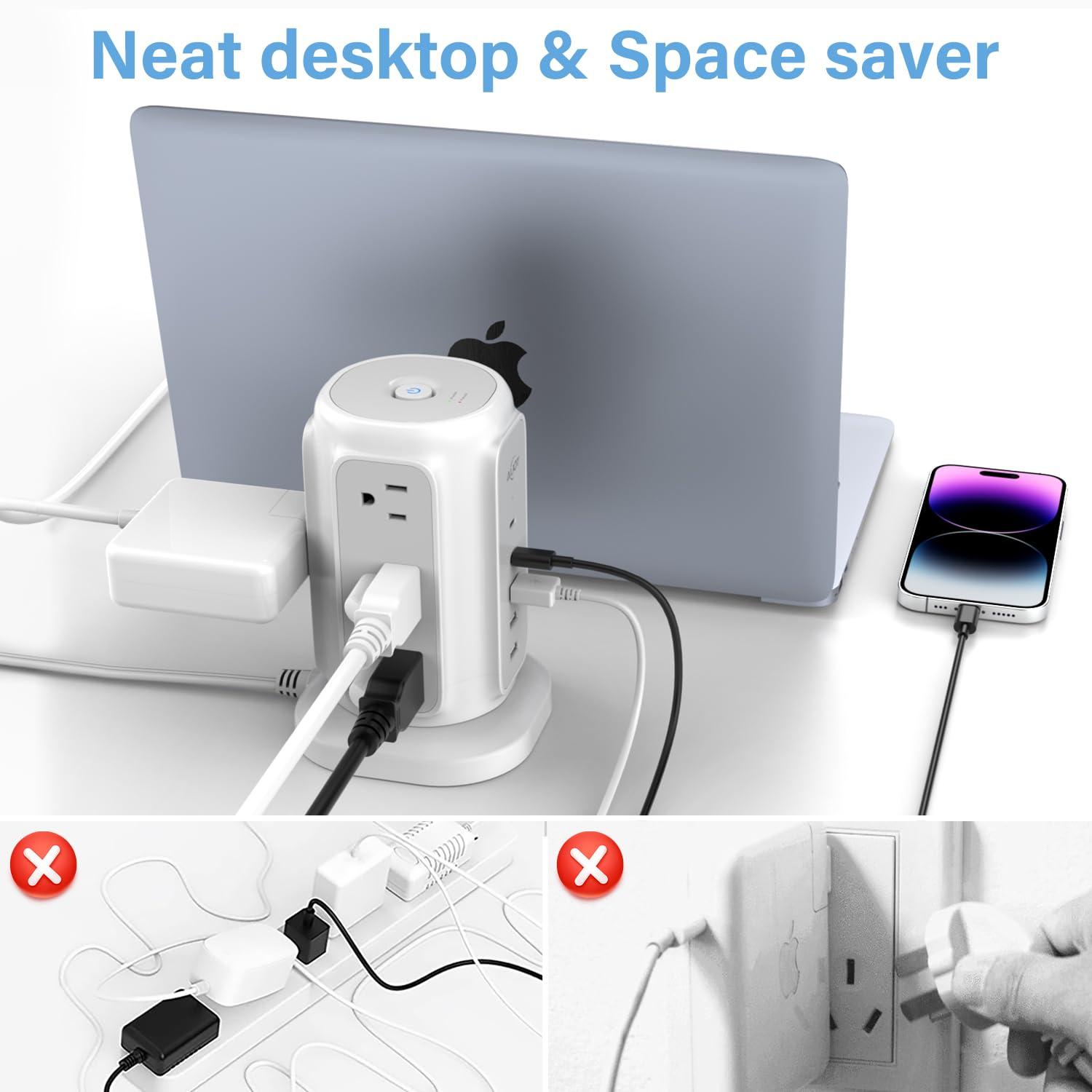 Flat Plug Power Strip Tower with 9 Outlets and 5 USB Ports (2 USB C), AiJoy 1200J Surge Protector Tower with 6.5 Feet 1625W/13A Extension Cord with Multiple Outlets for Home Office Dorm - Image 5