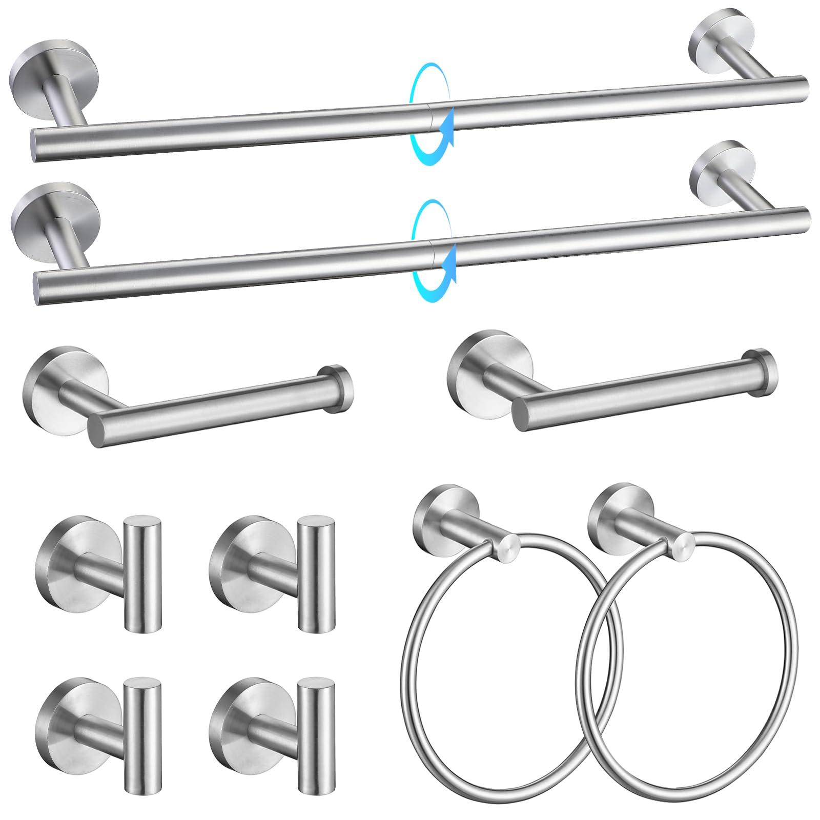 TQKAG Brushed Nickel Bathroom Hardware Accessories Set - 10-Piece Premium SUS304 Stainless Steel Towel Bar Holder Set with 23.6 Inch Round Towel Racks for Wall Mounted Bathroom