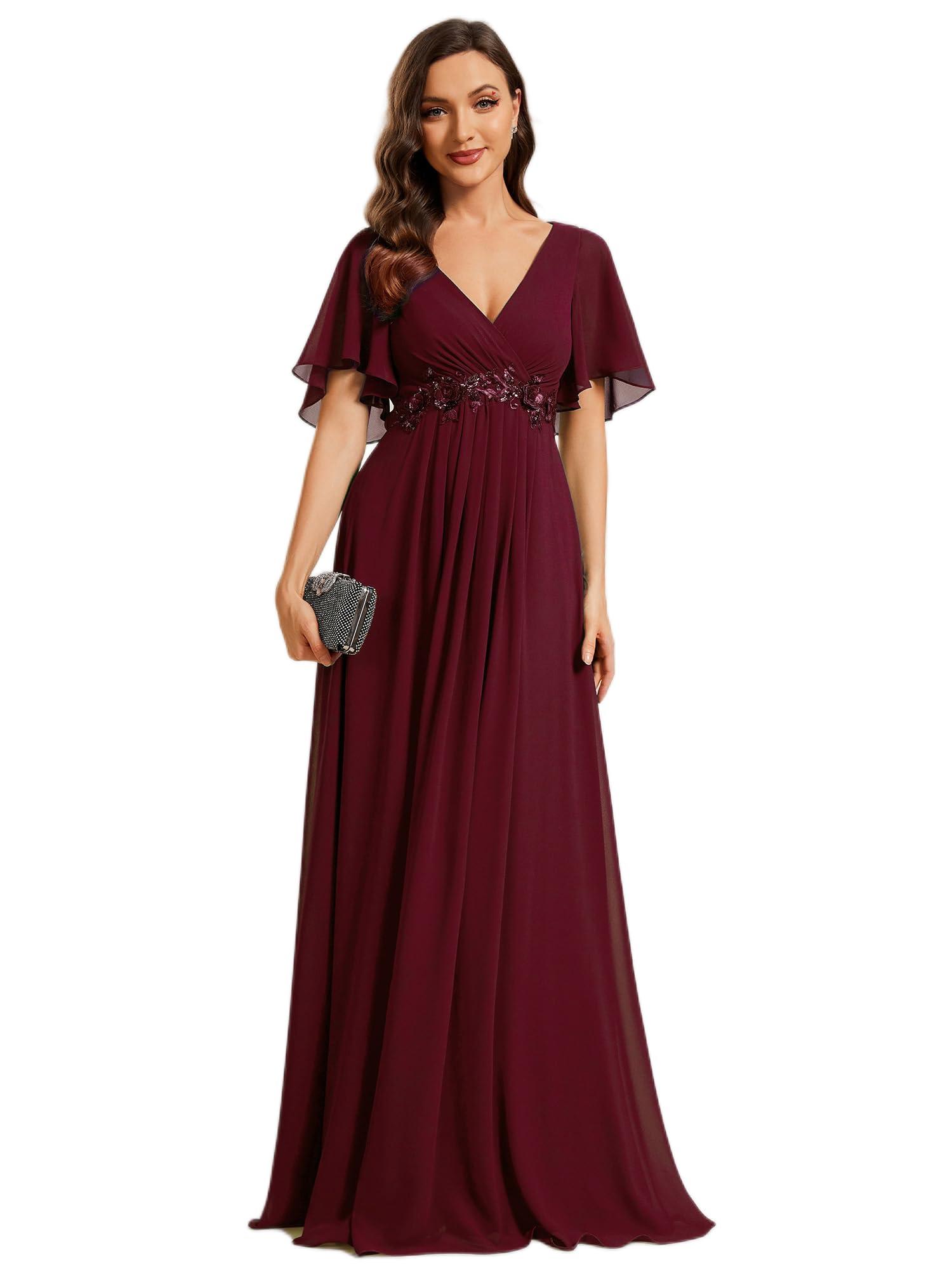 Ever-Pretty Women's Chiffon A-Line Ruched Short Sleeves Applique Waist V Neck Formal Dresses and Evening Gowns