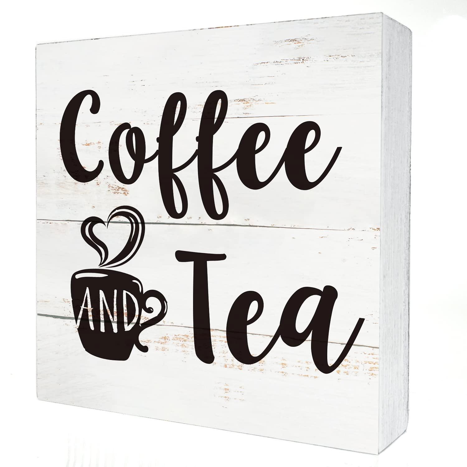 Coffee and Tea Wood Box Sign Kitchen Home Decor, Rustic Funny Coffee Wooden Box Sign Block Plaque for Wall Tabletop Desk Decoration