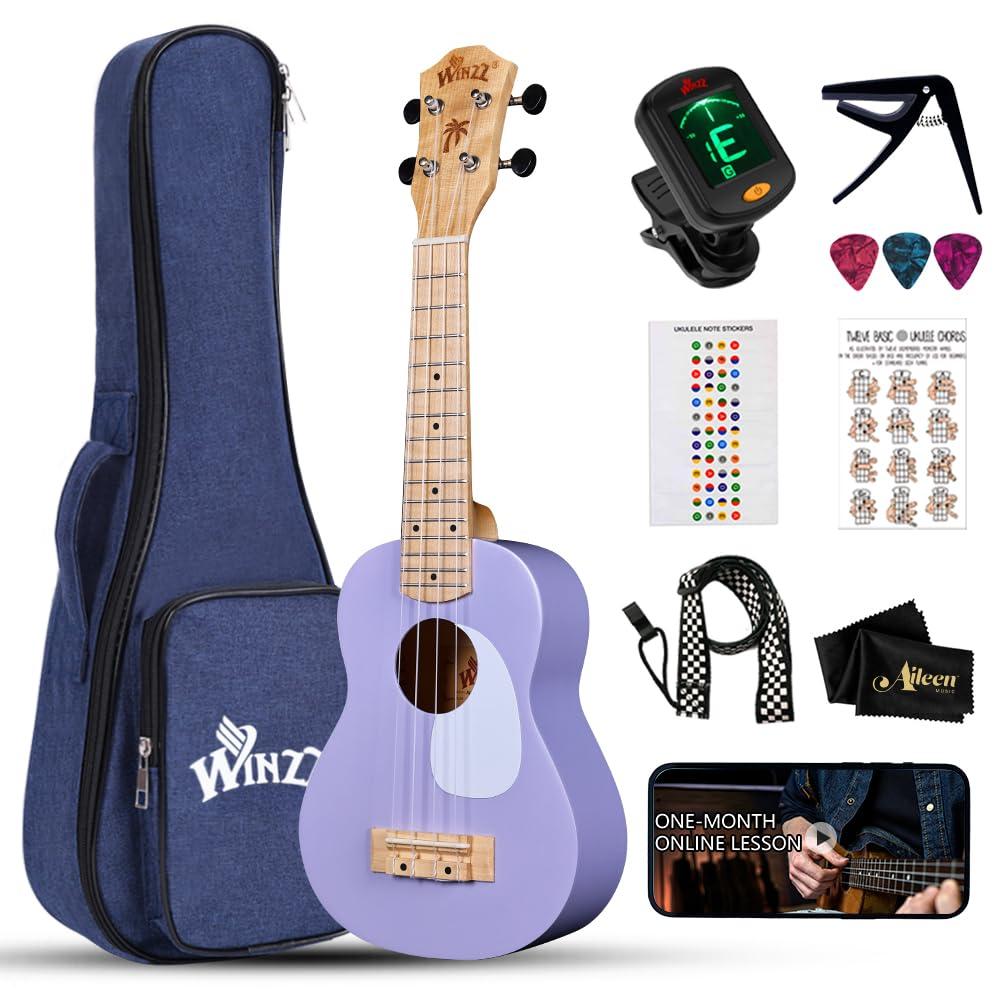 WINZZ Soprano Ukulele for Beginners, 21 Inch Hawaiian Wood Ukelele Kit for Kids Adult Student Starter, Professional Uke Pack Bundle w/Free Lessons, Case, Pickguard, Capo, Strap, Picks, Purple