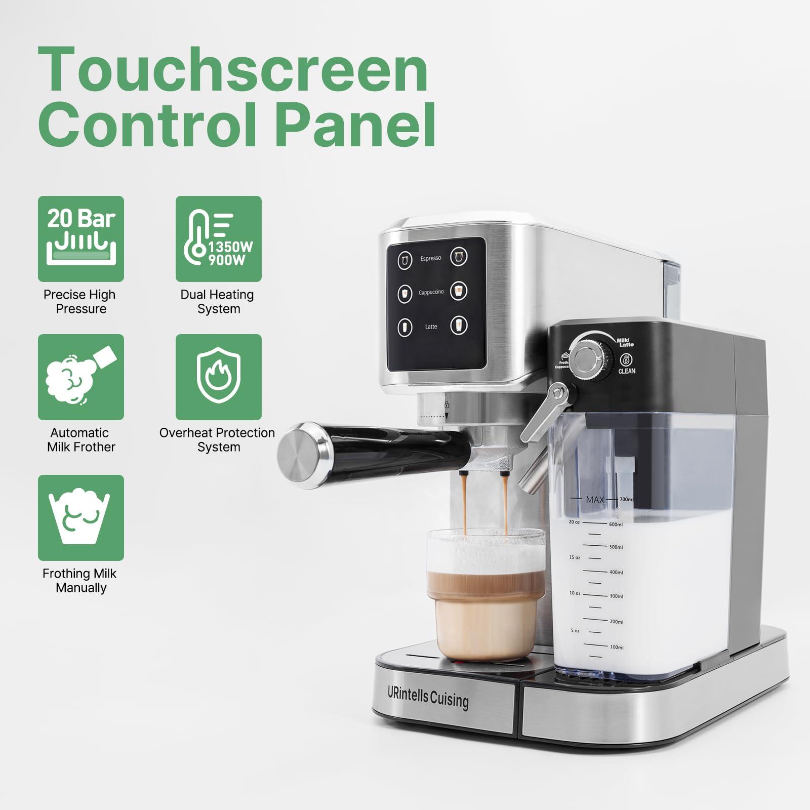 URintells Cuising Espresso Machine 20 Bar, Touchscreen Espresso Maker with Automatic Milk Frother for Cappuccino Latte, Expresso Coffee Machine for Home with Dual Heating System and Dual Pump - Image 2