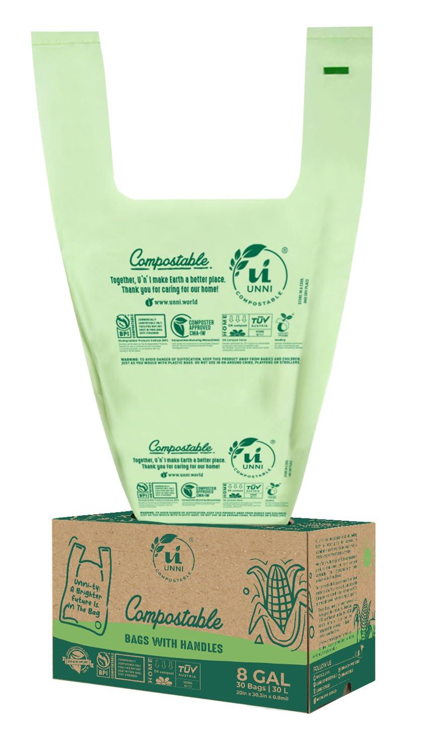 UNNI Compostable T-Shirt Bags with Handle-Tie, 8 Gallon, 30 Liter, 30 Count, 0.8 Mil, Medium Kitchen Food Scrap Waste Bags, ASTM D6400, US BPI, CMA and OK compost HOME Certified, San Francisco