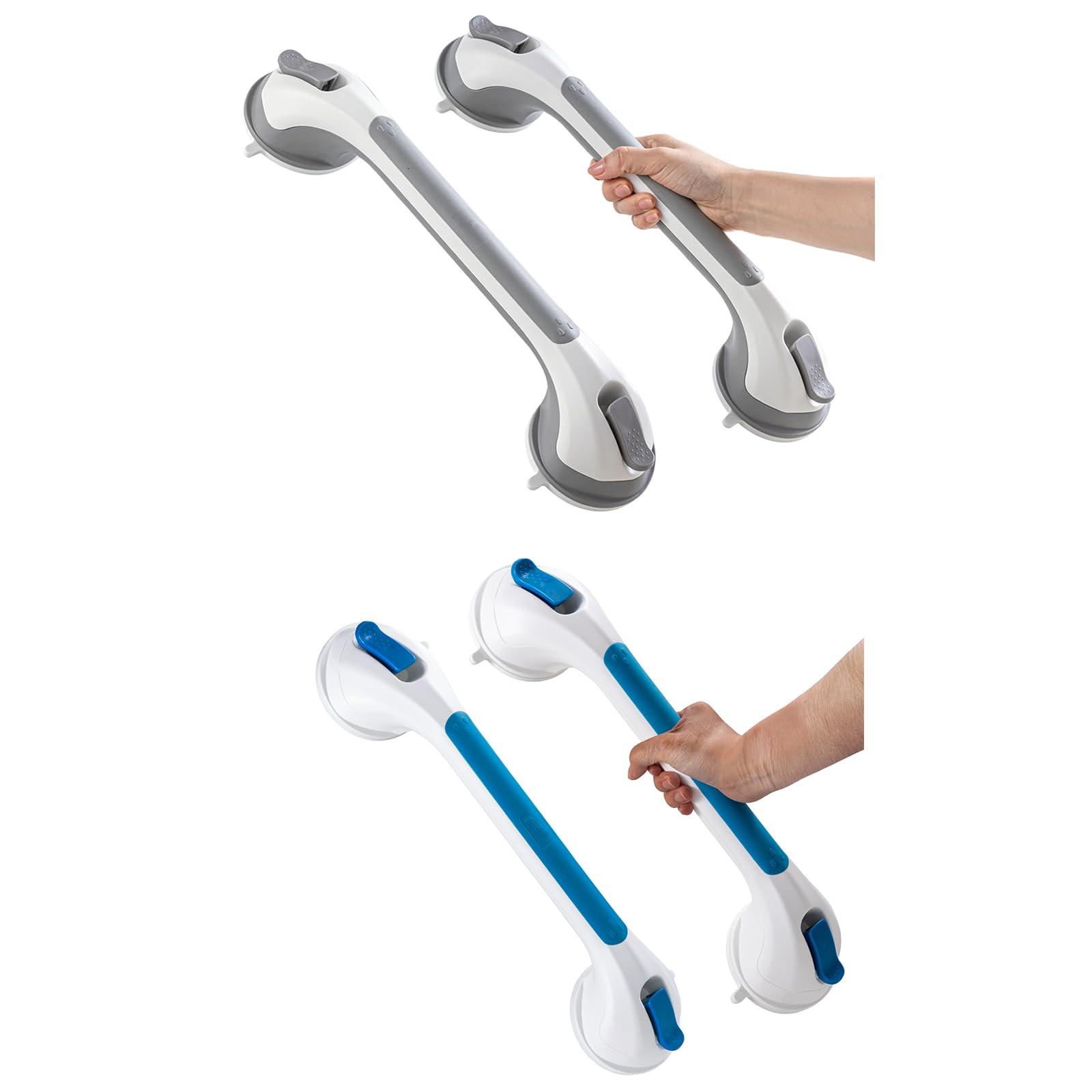 TAILI Shower Grab Bar Set, 16 Inch Suction Cup Grab Bars for Bathroom, Removable Shower Safety Handle Heavy Duty Bathtub Grip, Grey & Blue