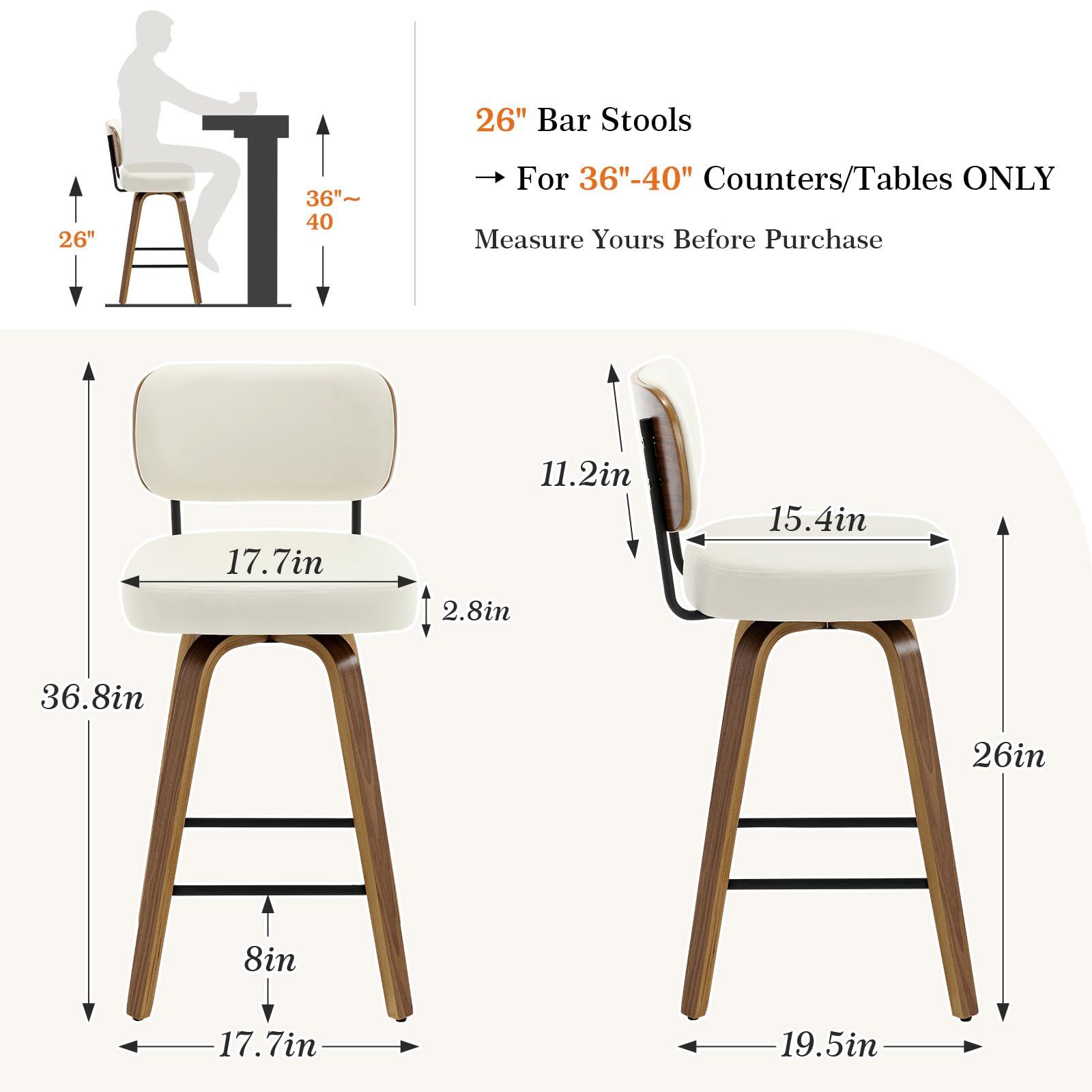 Bekrvio Swivel Counter Height Bar Stools Set of 4, 26" Upholstered Faux Leather Barstools with Back and Bent Wood Legs, Mid Century Modern Bar Chair Island Stool for Kitchen Counter, Cream White - Image 2