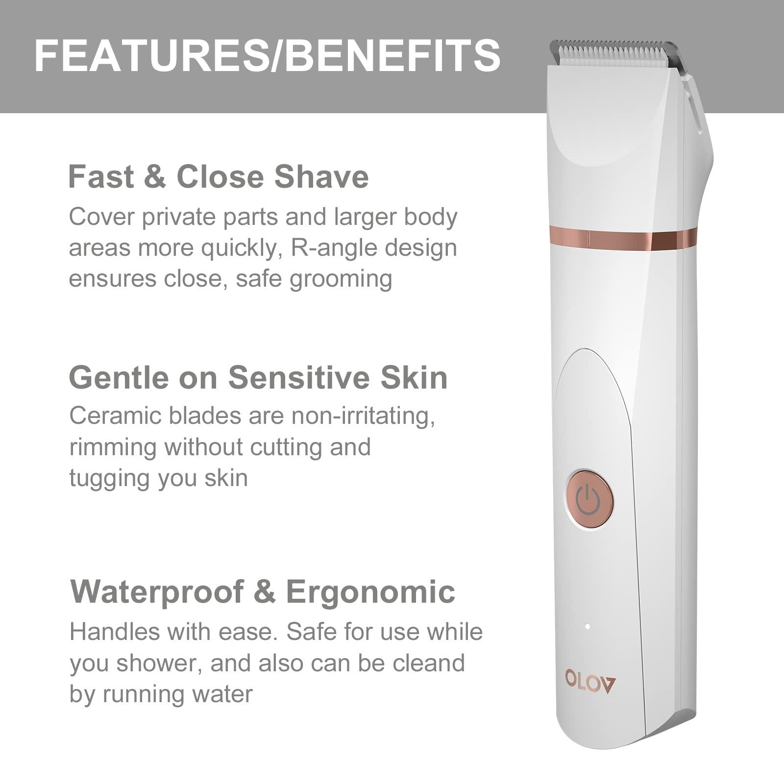 OLOV Electric Body Hair Trimmer - Groin Trimmer for Men - Bikini Trimmer Women - Wet/Dry Shaver Groomer, Replaceable Ceramic Blade Heads, USB Recharge Dock, Waterproof Hygiene Razor, White - Image 7