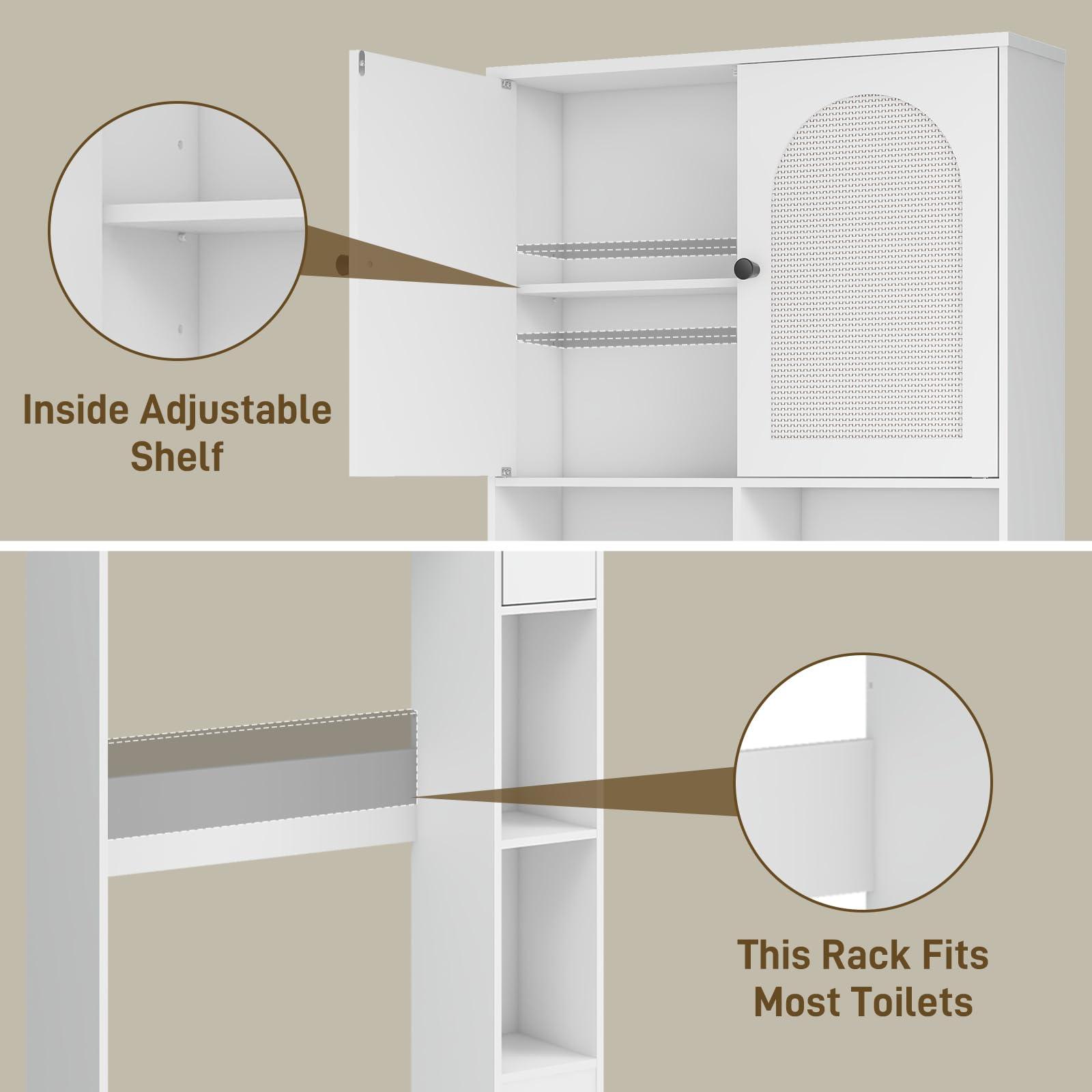 Vabches Over The Toilet Storage Cabinet, Rattan Storage Cabinet Over Toilet with 2 Doors & Toilet Paper Holder Stand, Freestanding Toilet Shelf Space Save with Anti-Tip Design Adjustable Shelf, White - Image 7