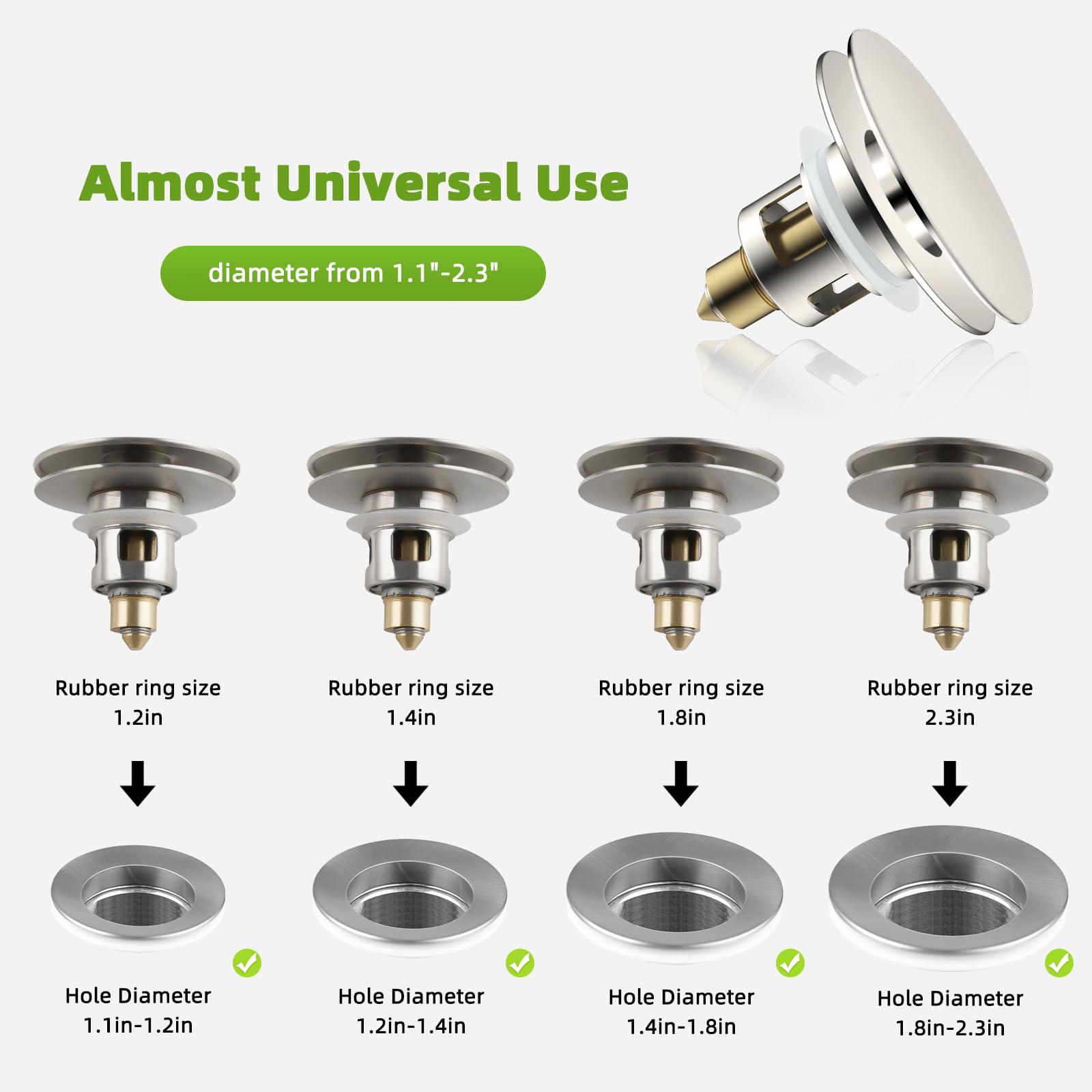 Hygie Rinse Universal Bathroom Sink Stopper All Metal 2 in 1 Pop Up Basin Sink Drain Strainer for 1.1~2.3 Inch US Standard Sink Drain Strainer with Hair Catcher, Anti-Clog, Brushed Nickel - Image 3