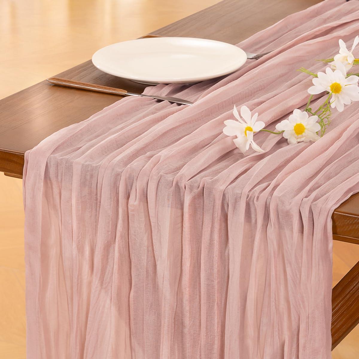 Socomi Pink Cheesecloth Table Runner Summer Boho Rustic Gauze Dusty Pink Farmhouse 120 inch 10FT Cheese Cloth Runner for Wedding Party Baby Shower Birthday Home Decor Holiday Decorations