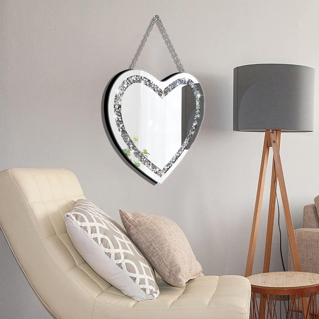 DMDFIRST Crystal Crush Diamond Heart Shaped Silver Mirror with Silver Stainless Steel Chain for Wall Decoration 12x12x0.5 inch Frameless Glam Mirror - Image 4