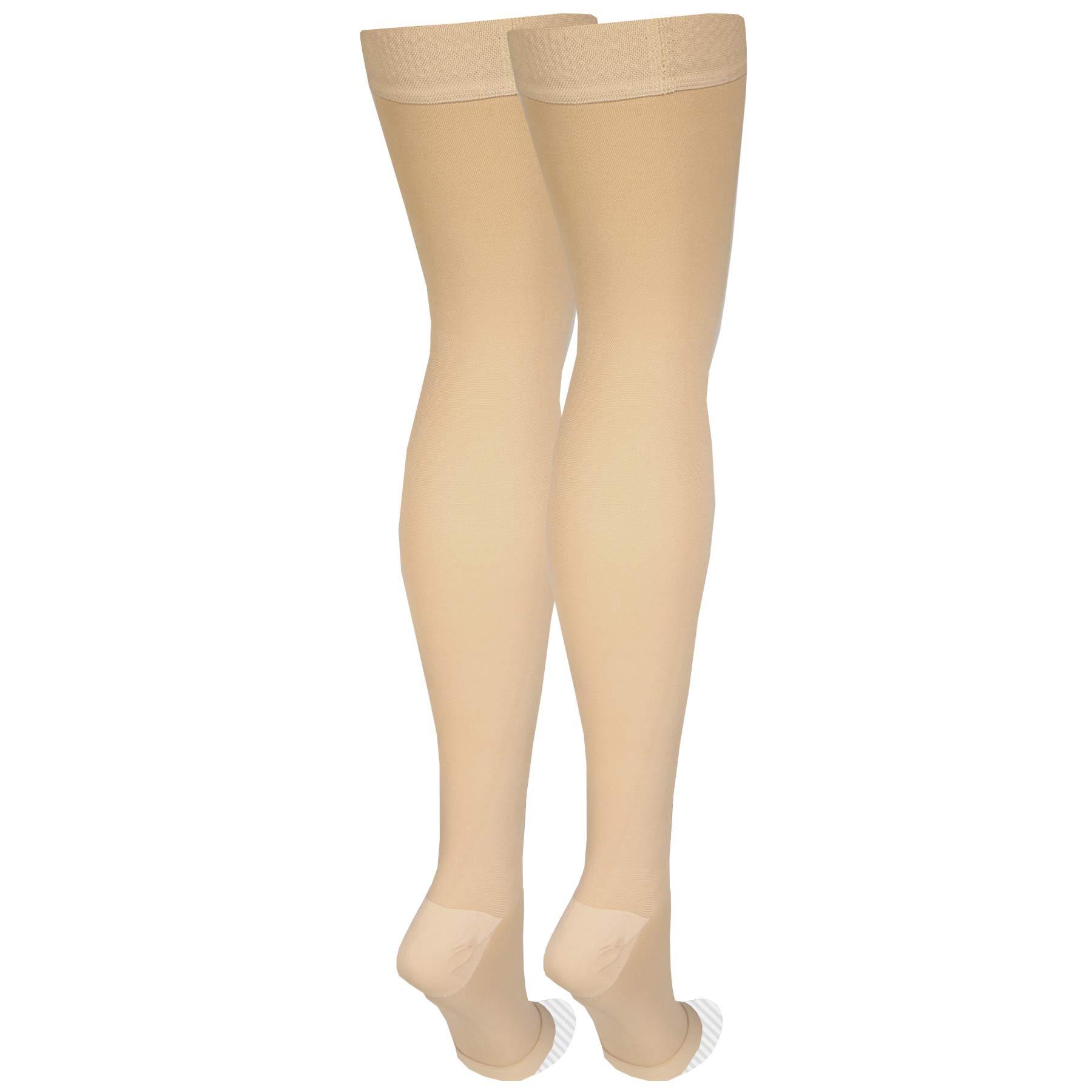 Amazon Basic Care Medical Compression Stockings, 20-30 mmHg Support, Women & Men Thigh Length Hose, Open Toe, Beige - Image 5