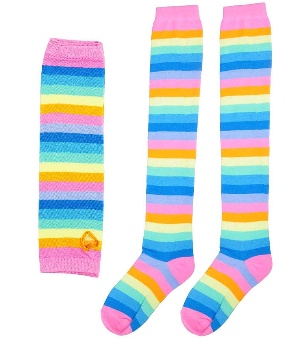 SherryDC Womens Girls Cosplay Rainbow Striped Knee High Socks Leg Arm Warmer Fingerless Gloves Set - Image 4