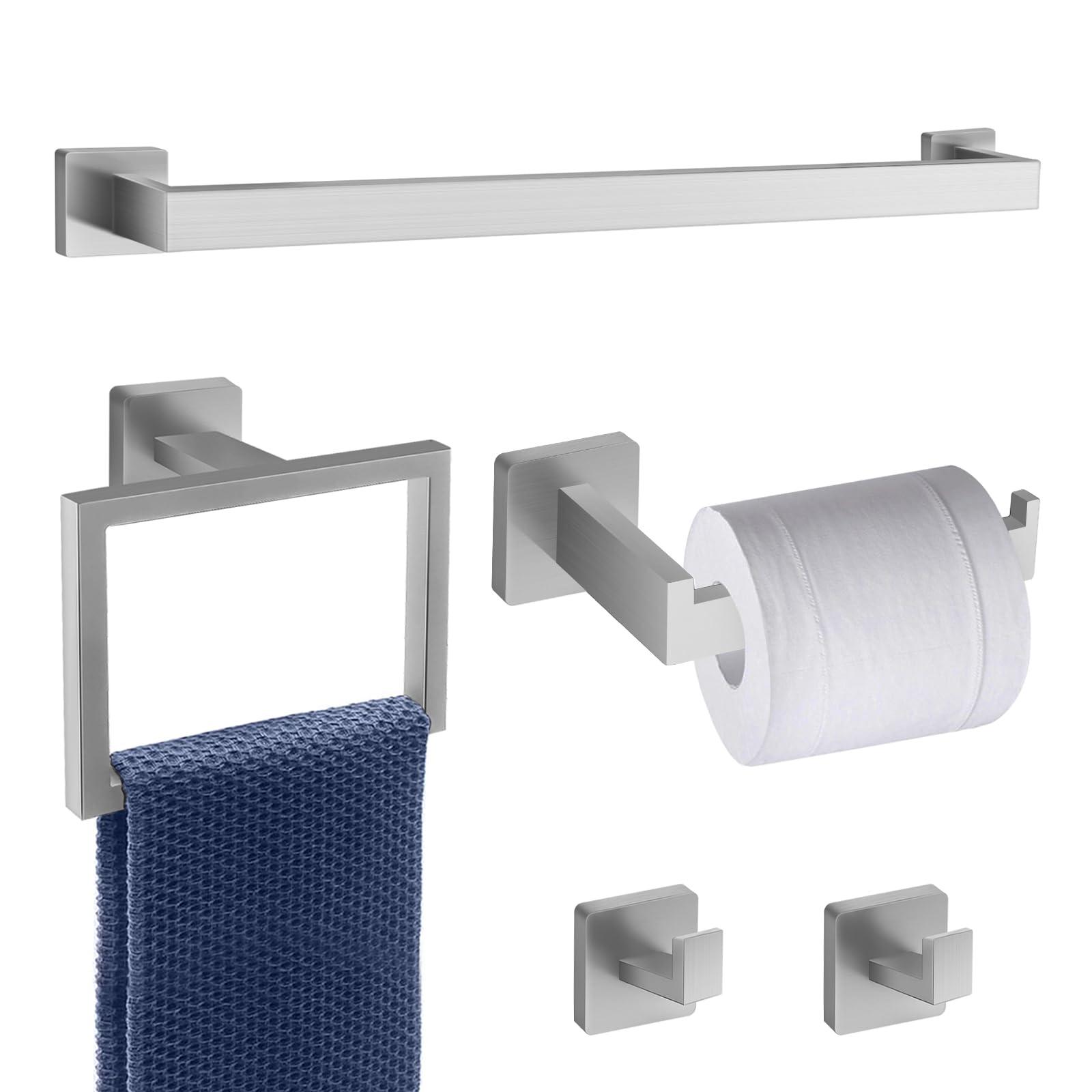 5 Piece Brushed Nickel Towel Bar Set Bathroom Hardware Set Brushed Nickel Bathroom Accessories Set with 2 Towel Hook, Stainless Steel Wall Mounted Bathroom Towel Rack Set Square 16-Inch