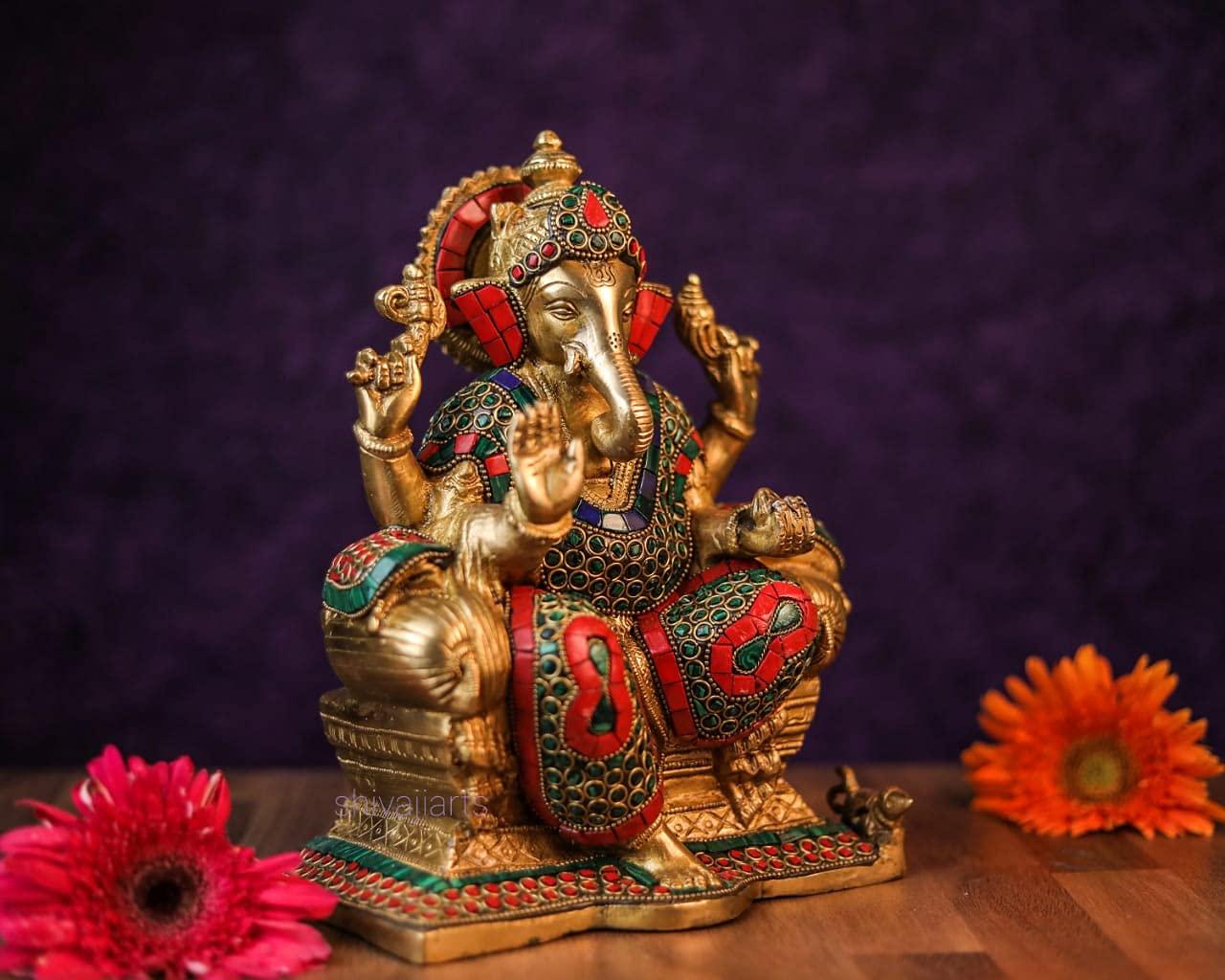 SHIVAJIARTS Brass Ganesh Statue, 25CM Big Size Inlay Work Ganesha Idol, Hindu Deity of God Luck, Vinayak Ganpati, Lord of Wisdom, Brass Sculpture Figurine - Image 6