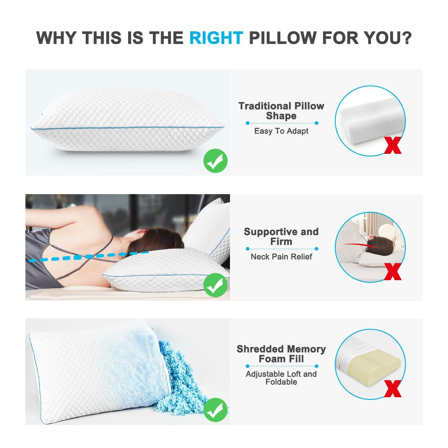 VVZ Cooling Bed Pillows Queen Size Set of 2, Shredded Memory Foam Pillows for Side Back Stomach Sleepers, Luxury Cool Gel Adjustable Firm Bed Pillows for Sleeping 2 Pack Queen Size 20 x 30 Inches - Image 3
