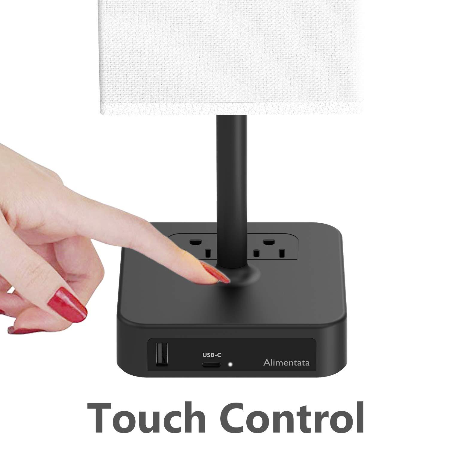 Alimentata Touch Control Bedside Table Lamp with USB C & USB A Charging Port and 2 AC Outlet, Minimalist LED Desk Light with Charger Base White Fabric Shade for Bed Room/Nightstand/Office - Image 2