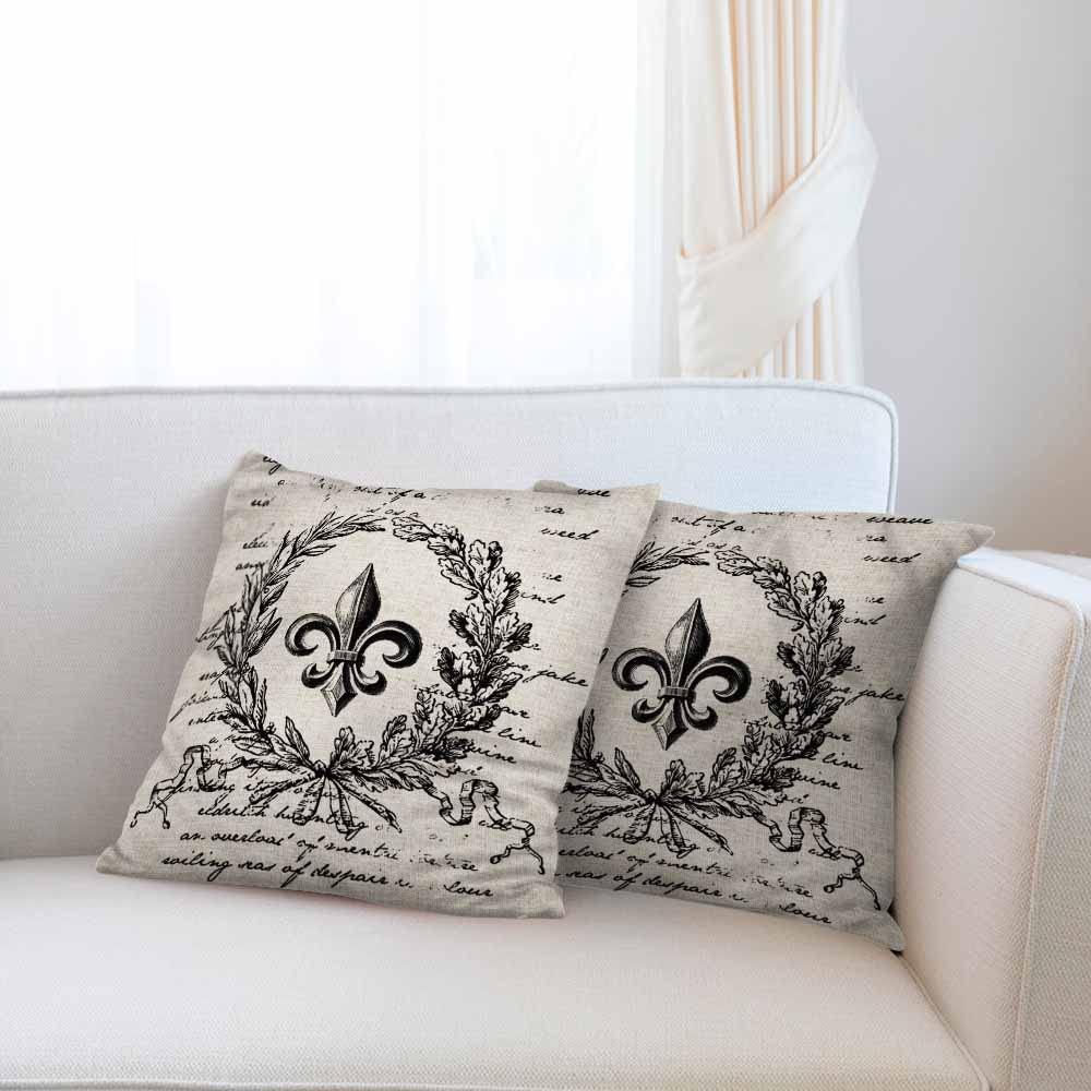 Beabes Cushion Covers Retro Letter Paper Fleur De Lis Vintage Style Square Soft,Pillow Cases Decor for Couch Bedroom Sofa Living Pack of 2 Size 18X18 Inch - Image 6