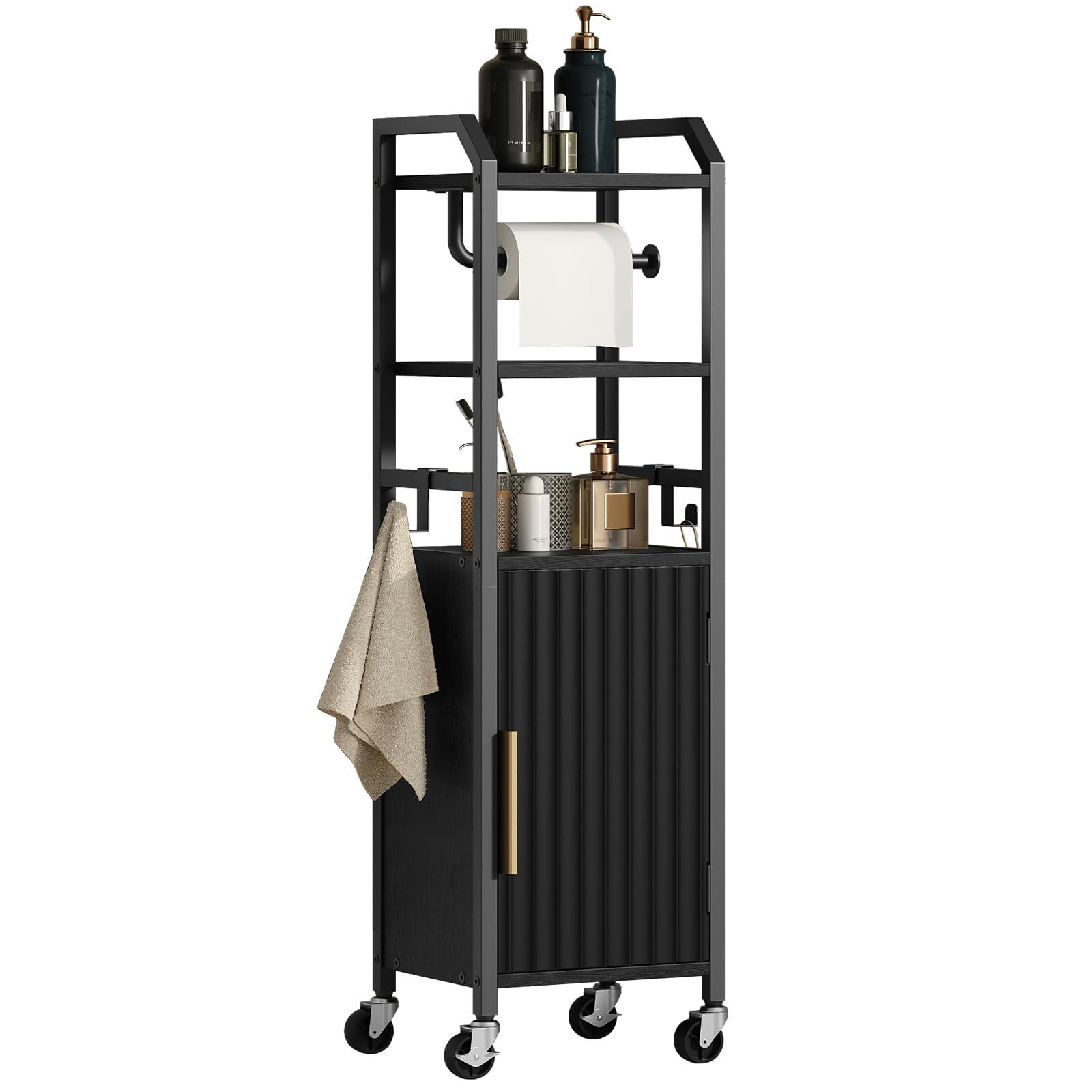 MAHANCRIS Small Bathroom Storage Cabinet, Slim Corner Floor Cabinet with Wheels, Narrow Bathroom Organizer with Adjustable Shelf, Toilet Paper Storage Cabinets, for Small Spaces, Black