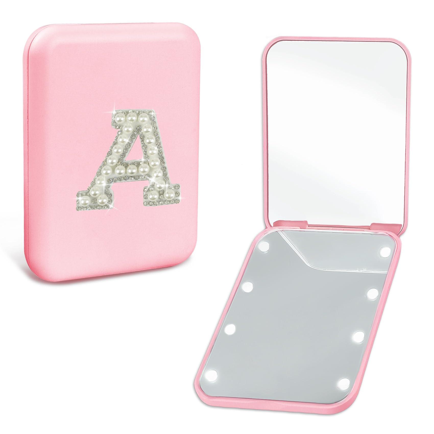 Aganmi Preppy Stuff Pearl Initial Travel Compact Mirror with Lights Personalized 1X/2X Magnification Mini LED Makeup Mirror for Purse Pink Portable Pocket Mirror Trendy Gift for Women Teen Girls (A)
