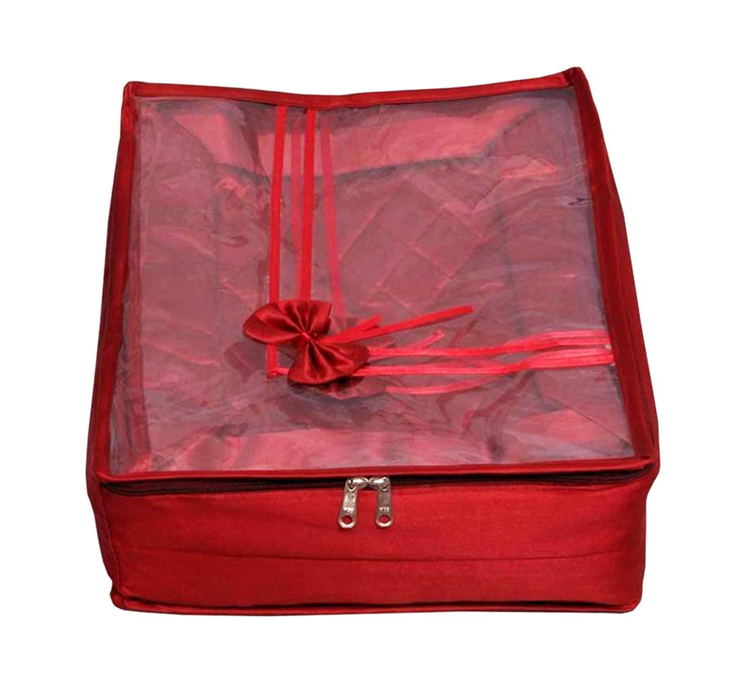 atorakushon Fabric Satin Saree and Blouse Covers Garments Clothes Storage Bag Wardrobe Organizers With Double Zip Lock & Transparent Window Set of 5 Maroon - Image 7