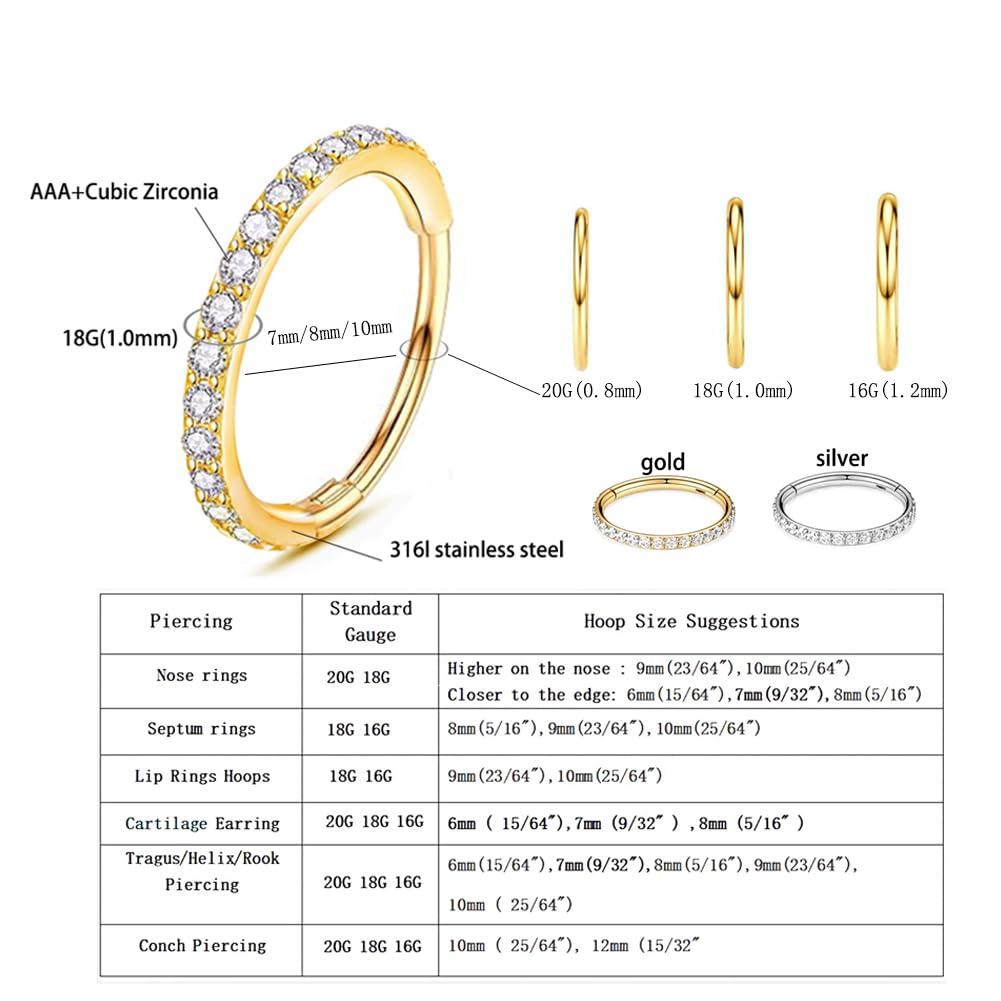 3Pcs Nose Rings Hoop 20G 18G 16G Surgical Steel Hinged Segment Rings Septum Jewelry Lip Ring Helix Conch cartilage earring for Women Girls Men 7mm 8mm 10mm - Image 2