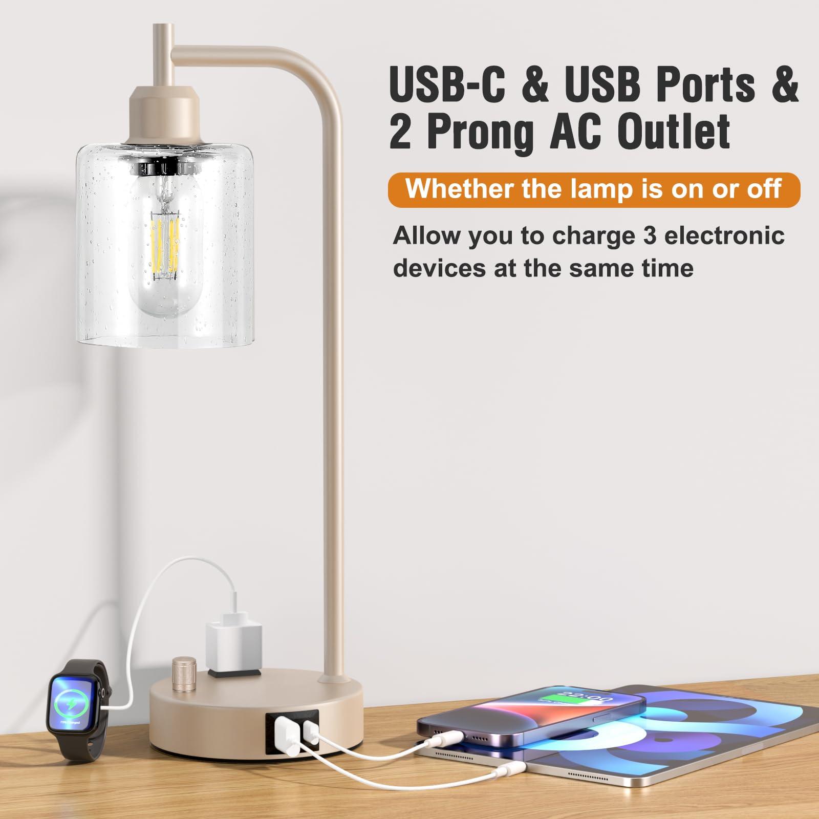 Industrial Table Lamps for Bedrooms Set of 2 - Fully Dimmable Bedside Lamps with USB Ports and Outlet, Champagne Gold Nightstand Lamps with Glass Shade for Living Room, Desk Lamps for Office Reading - Image 3