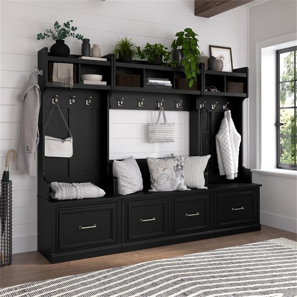 Bush Furniture Woodland 24W Hall Tree and Small Shoe Bench with Shelves in Black Suede Oak | Narrow Foyer, Mudroom, Entryway Storage - Image 8