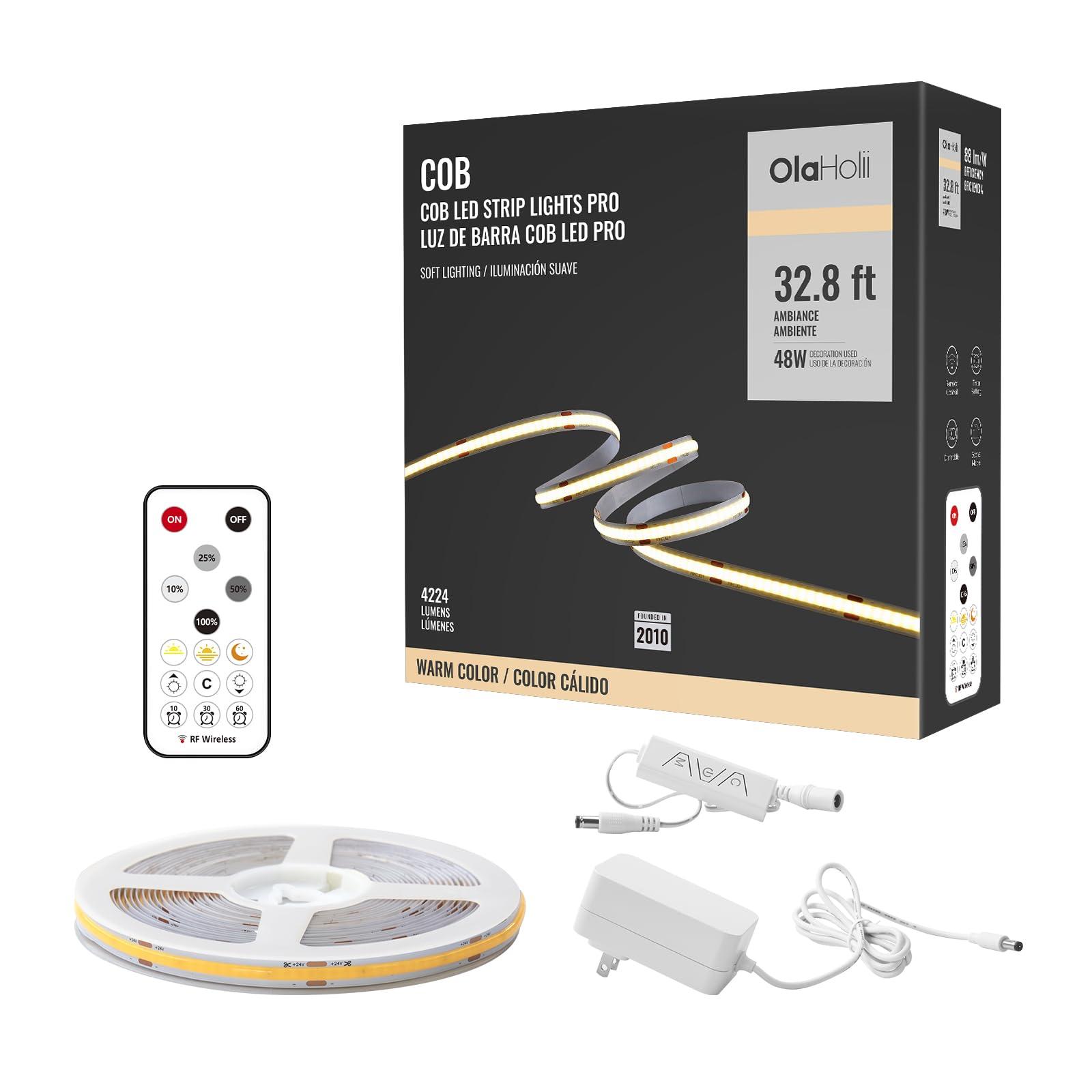 Olaholii 32.8ft COB Led Strip Light with Remote, 2700K Dimmable Bright Warm White Led COB Strip Light, White Led Strip Light for Mirror, Stair, Cabinet, Room