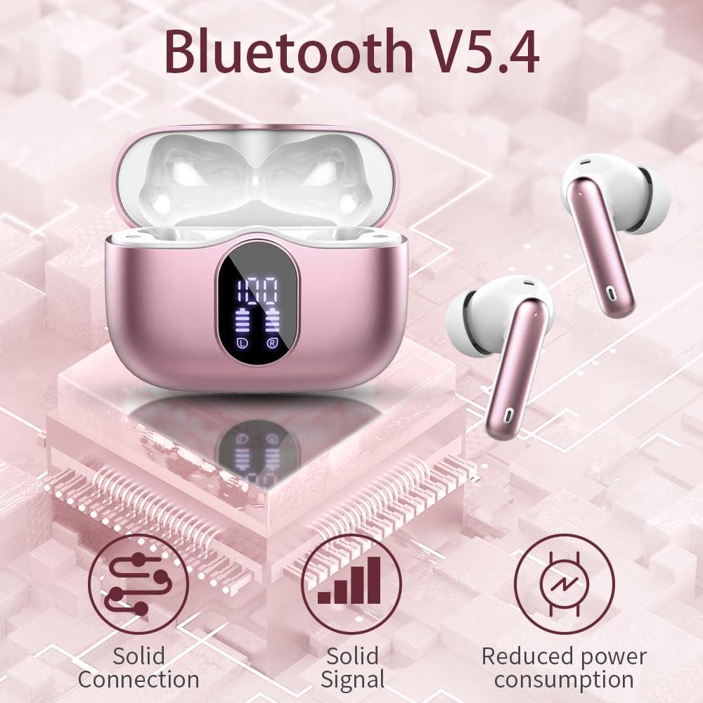 Wireless Earbuds Bluetooth 5.3 Headphones Bass Stereo Ear Buds with Noise Cancelling Mic LED Display in Ear Earphones IP7 Waterproof 36H Playtime for Laptop Pad Phones Sports Workout Rose Gold - Image 4